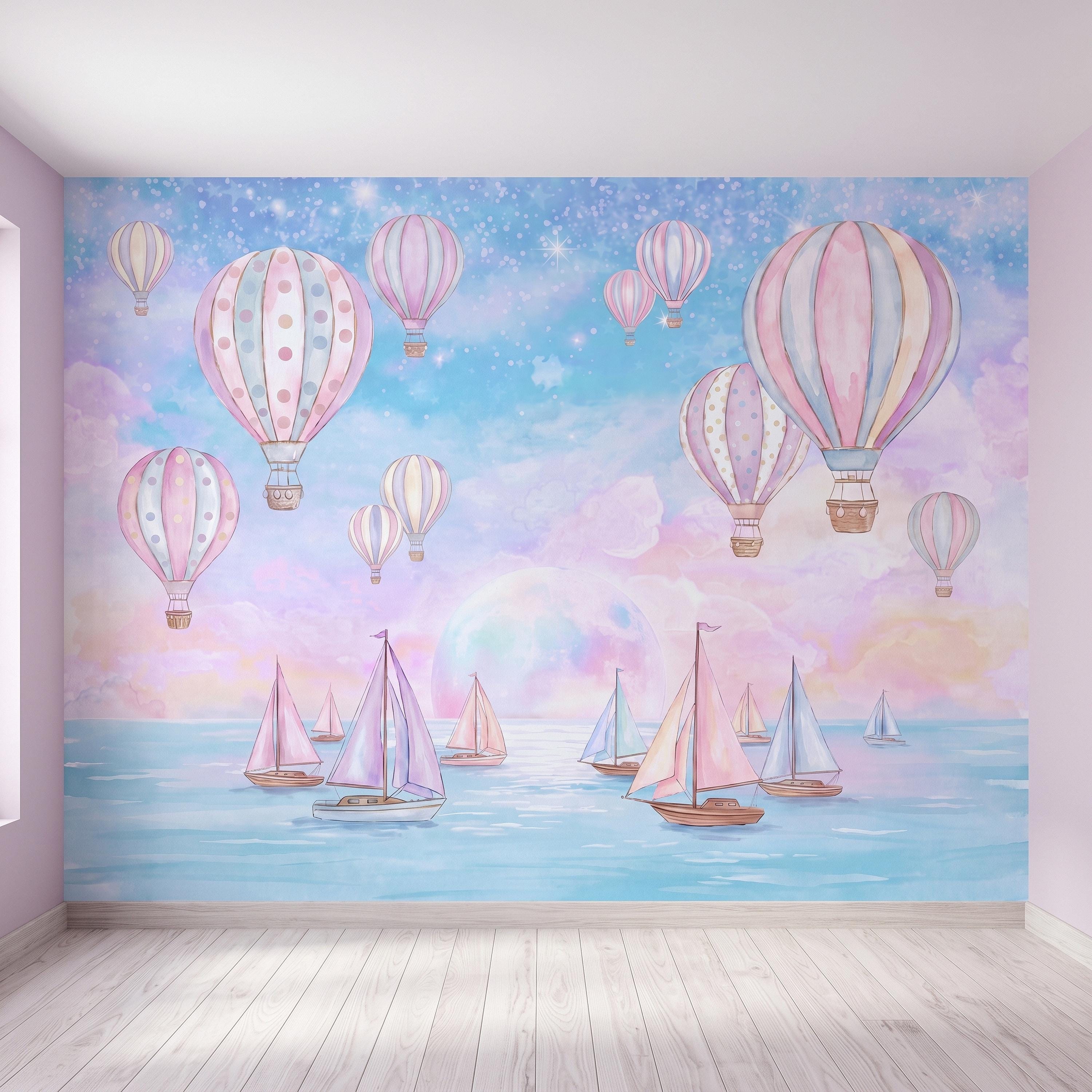 Pastel Hot Air Balloon Peel and Stick Wall Mural, Sailboats Ocean Sky, Dreamy Pink Blue Clouds, Whimsical Watercolor Kids Wallpaper