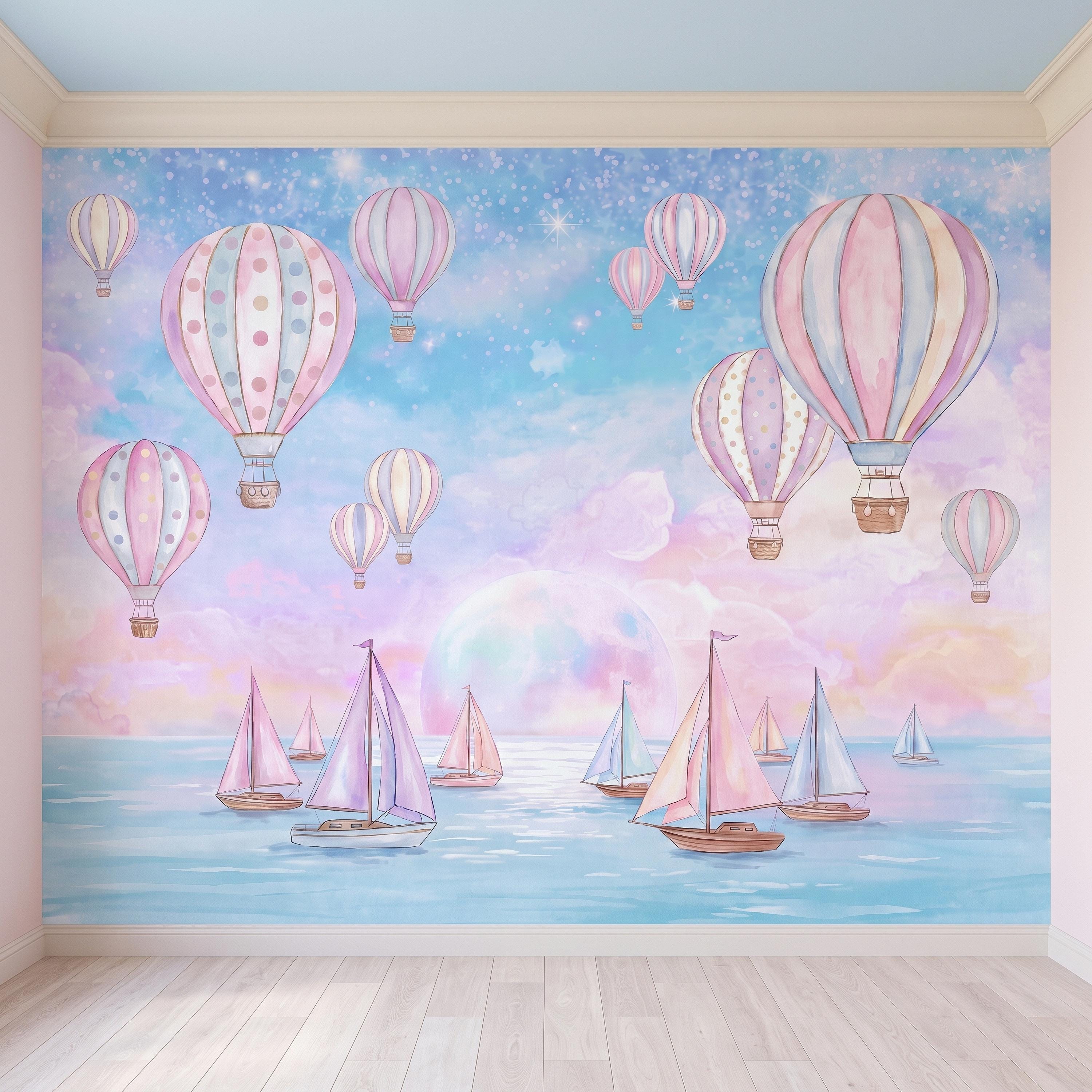 Pastel Hot Air Balloon Peel and Stick Wall Mural, Sailboats Ocean Sky, Dreamy Pink Blue Clouds, Whimsical Watercolor Kids Wallpaper