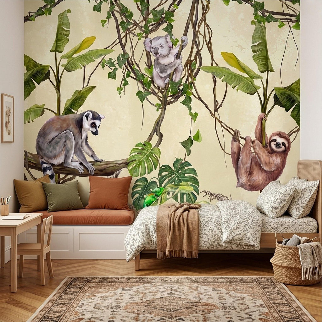 Tropical Jungle Animals Peel and Stick Wall Mural, Exotic Wildlife Hanging Vines Monstera Banana Leaves Botanical Kids Wallpaper