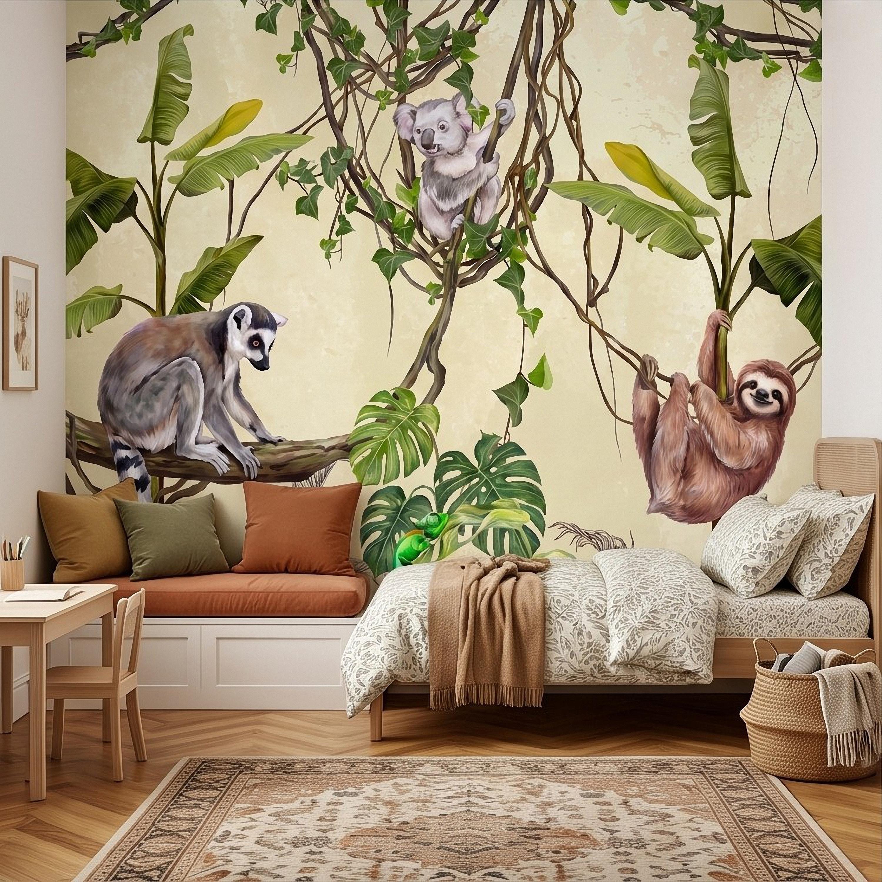 Tropical Jungle Animals Peel and Stick Wall Mural, Exotic Wildlife Hanging Vines Monstera Banana Leaves Botanical Kids Wallpaper