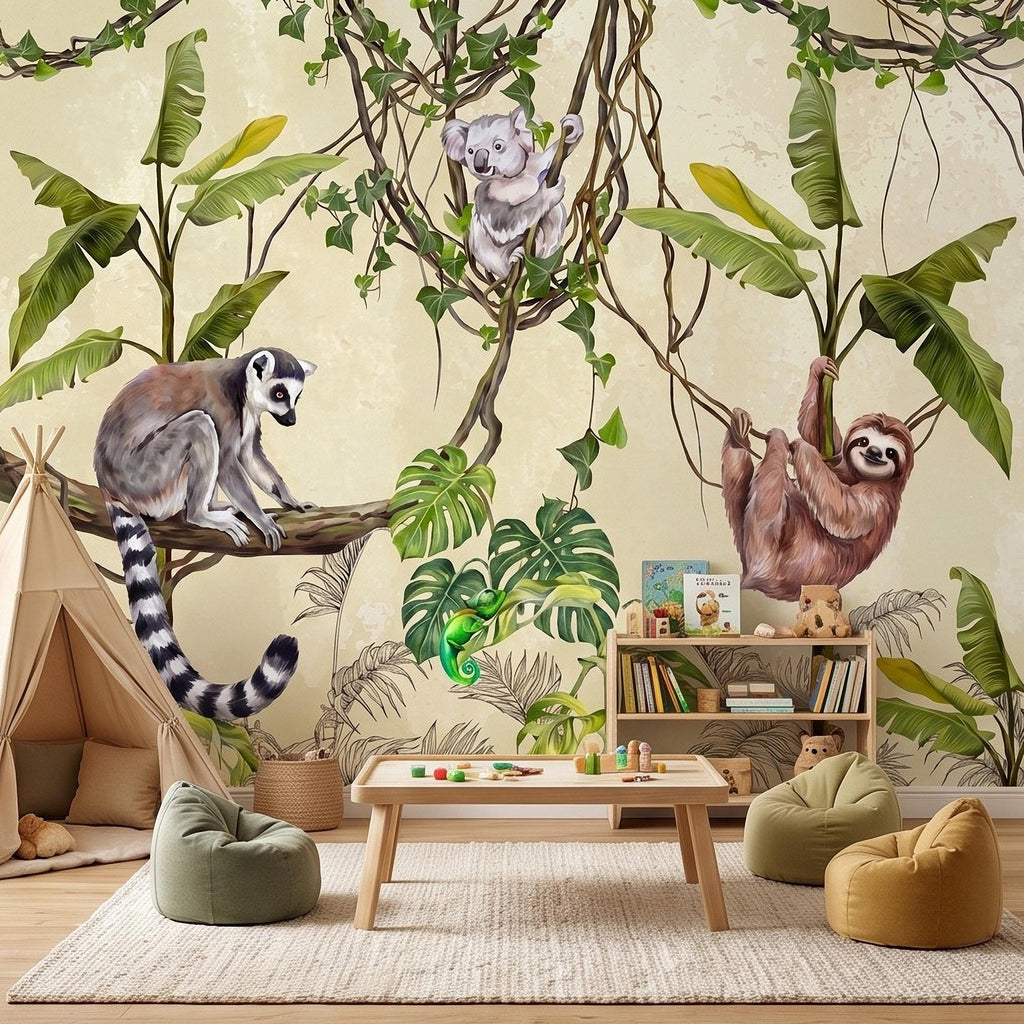 Tropical Jungle Animals Peel and Stick Wall Mural, Exotic Wildlife Hanging Vines Monstera Banana Leaves Botanical Kids Wallpaper
