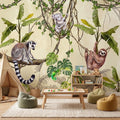 Tropical Jungle Animals Peel and Stick Wall Mural, Exotic Wildlife Hanging Vines Monstera Banana Leaves Botanical Kids Wallpaper