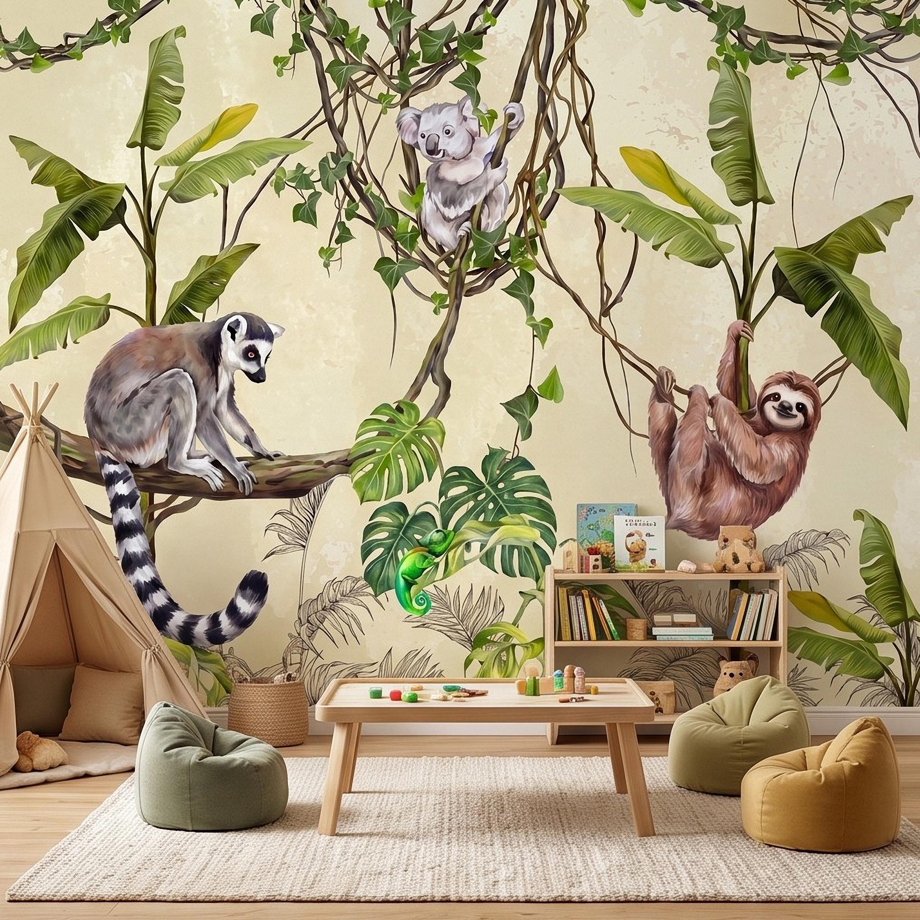 Tropical Jungle Animals Peel and Stick Wall Mural, Exotic Wildlife Hanging Vines Monstera Banana Leaves Botanical Kids Wallpaper