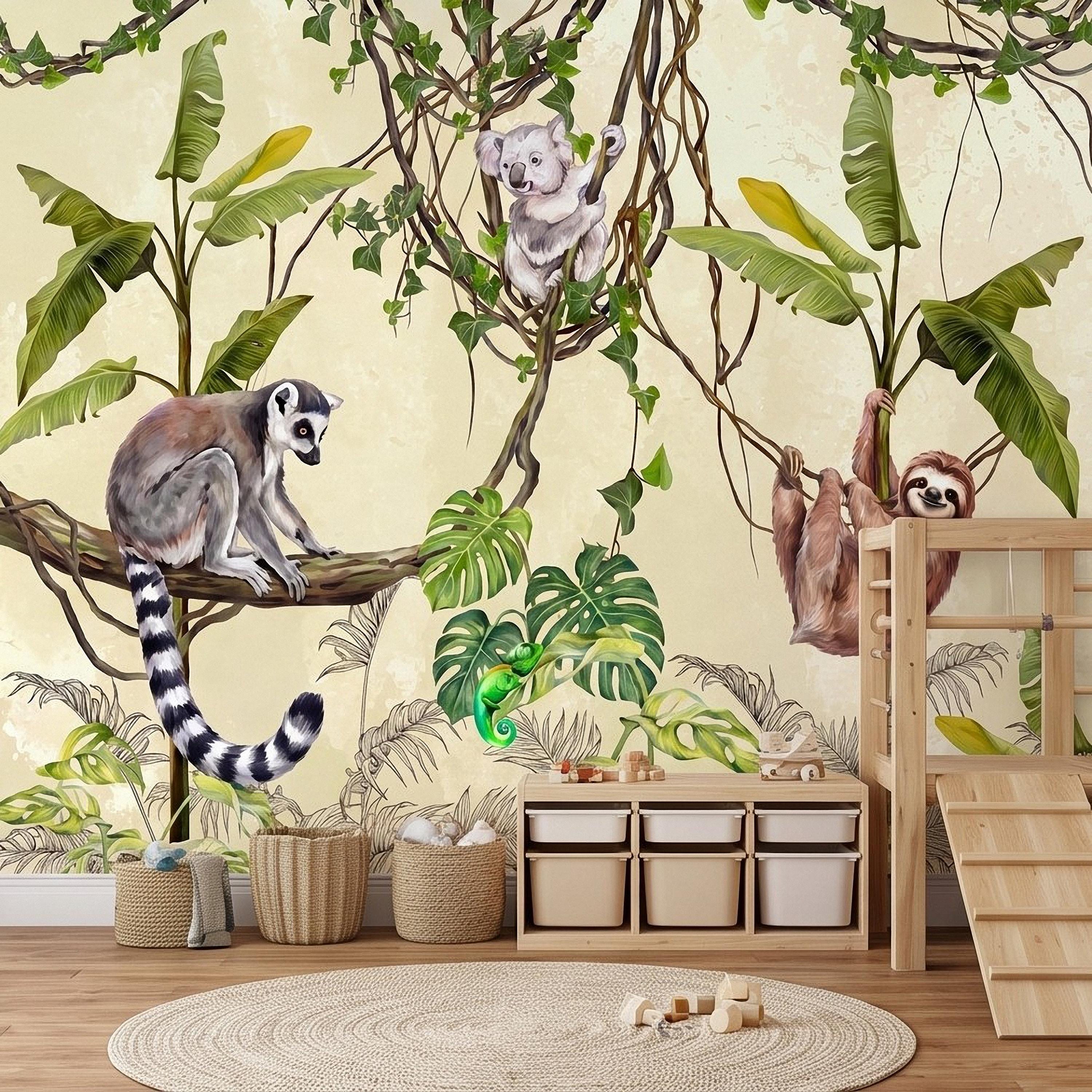 Tropical Jungle Animals Peel and Stick Wall Mural, Exotic Wildlife Hanging Vines Monstera Banana Leaves Botanical Kids Wallpaper