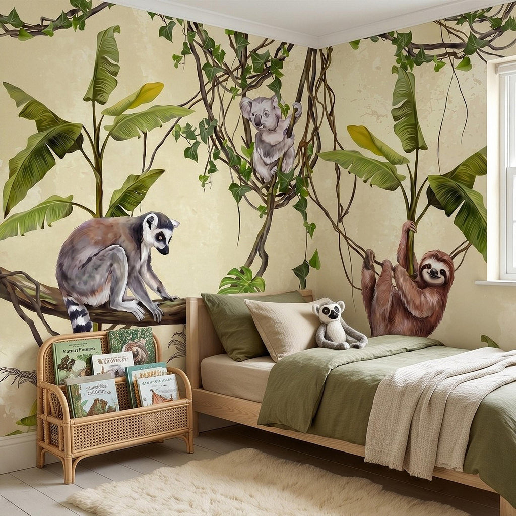 Tropical Jungle Animals Peel and Stick Wall Mural, Exotic Wildlife Hanging Vines Monstera Banana Leaves Botanical Kids Wallpaper