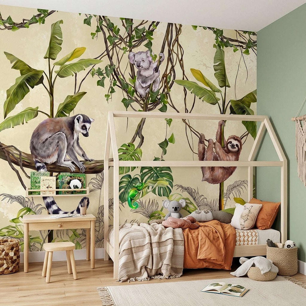 Tropical Jungle Animals Peel and Stick Wall Mural, Exotic Wildlife Hanging Vines Monstera Banana Leaves Botanical Kids Wallpaper