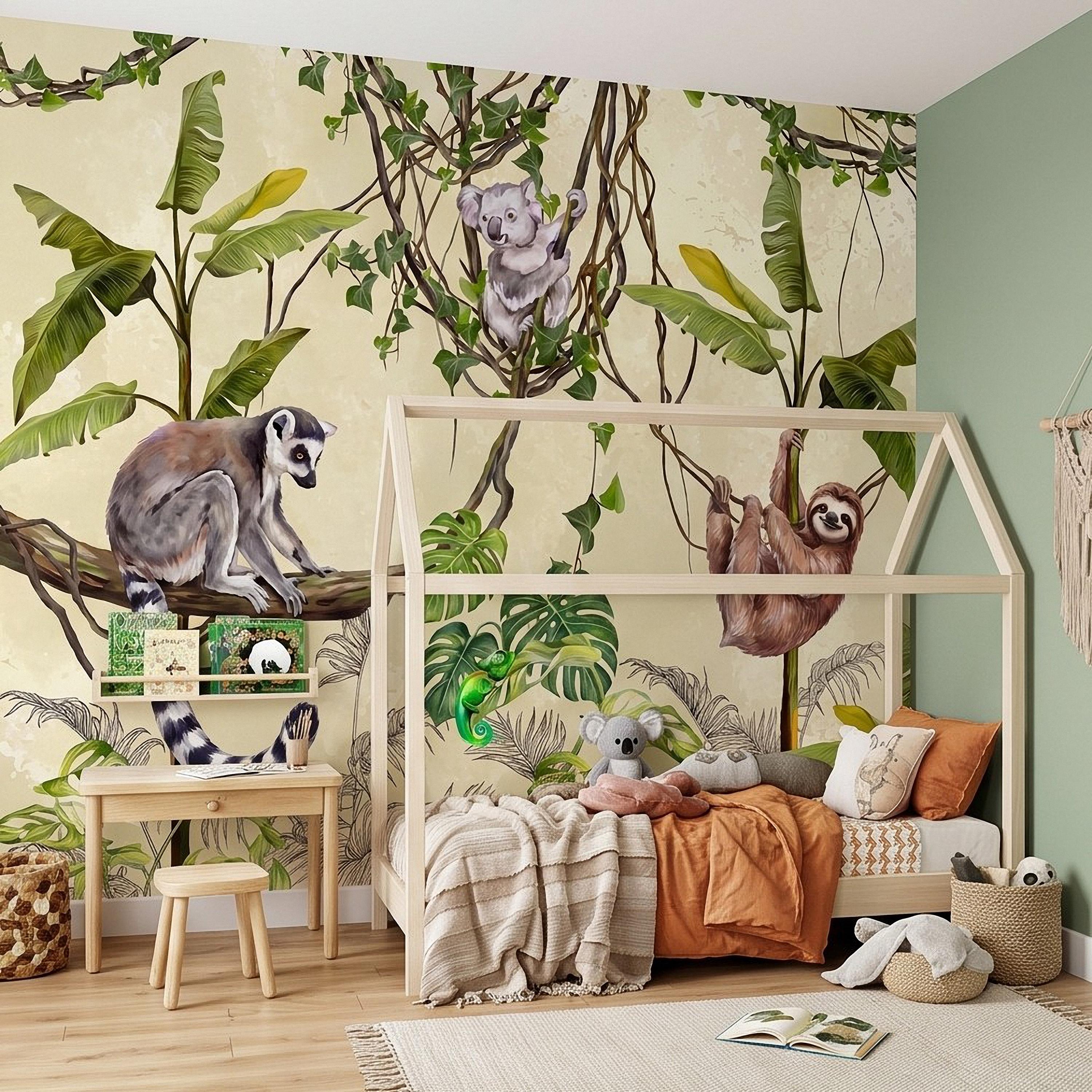 Tropical Jungle Animals Peel and Stick Wall Mural, Exotic Wildlife Hanging Vines Monstera Banana Leaves Botanical Kids Wallpaper