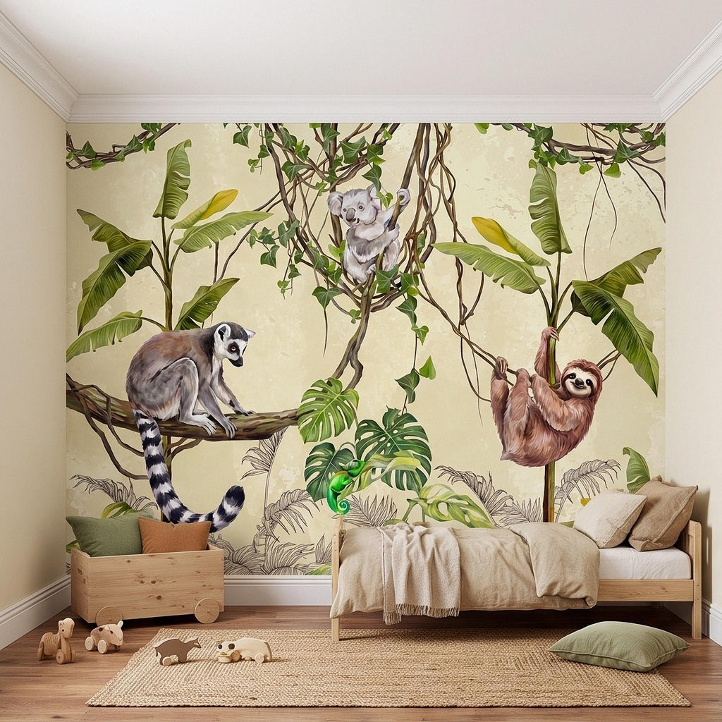 Tropical Jungle Animals Peel and Stick Wall Mural, Exotic Wildlife Hanging Vines Monstera Banana Leaves Botanical Kids Wallpaper
