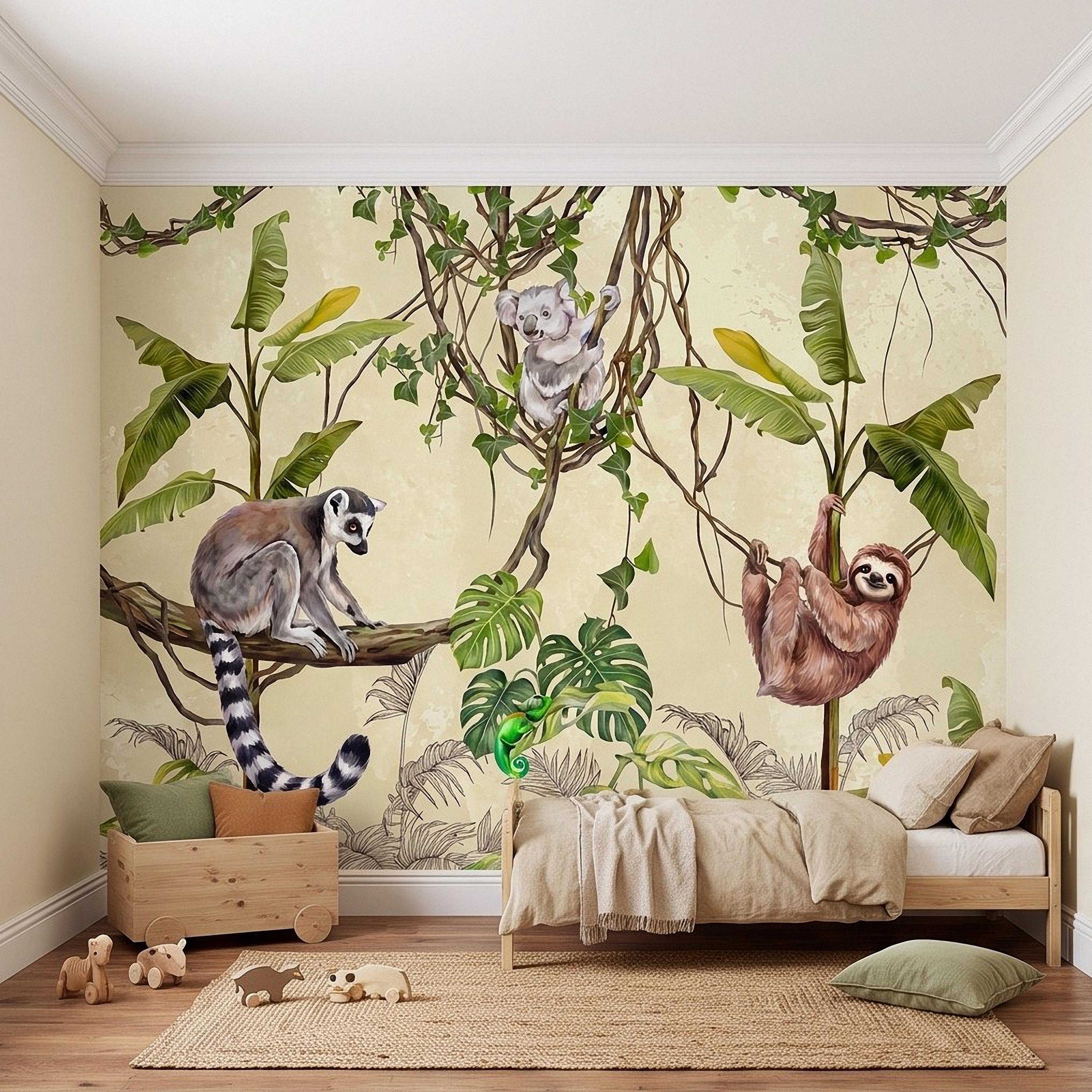Tropical Jungle Animals Peel and Stick Wall Mural, Exotic Wildlife Hanging Vines Monstera Banana Leaves Botanical Kids Wallpaper