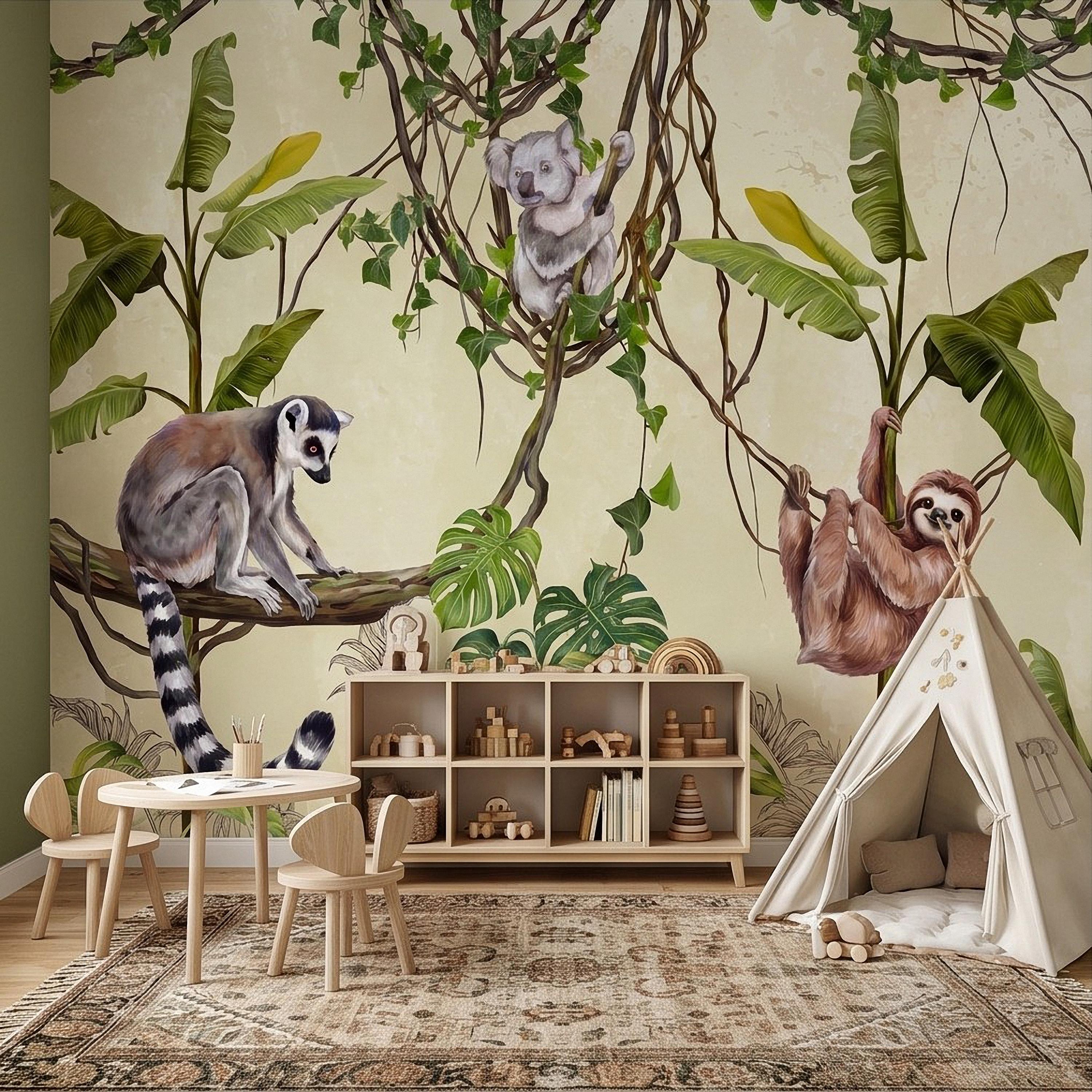 Tropical Jungle Animals Peel and Stick Wall Mural, Exotic Wildlife Hanging Vines Monstera Banana Leaves Botanical Kids Wallpaper