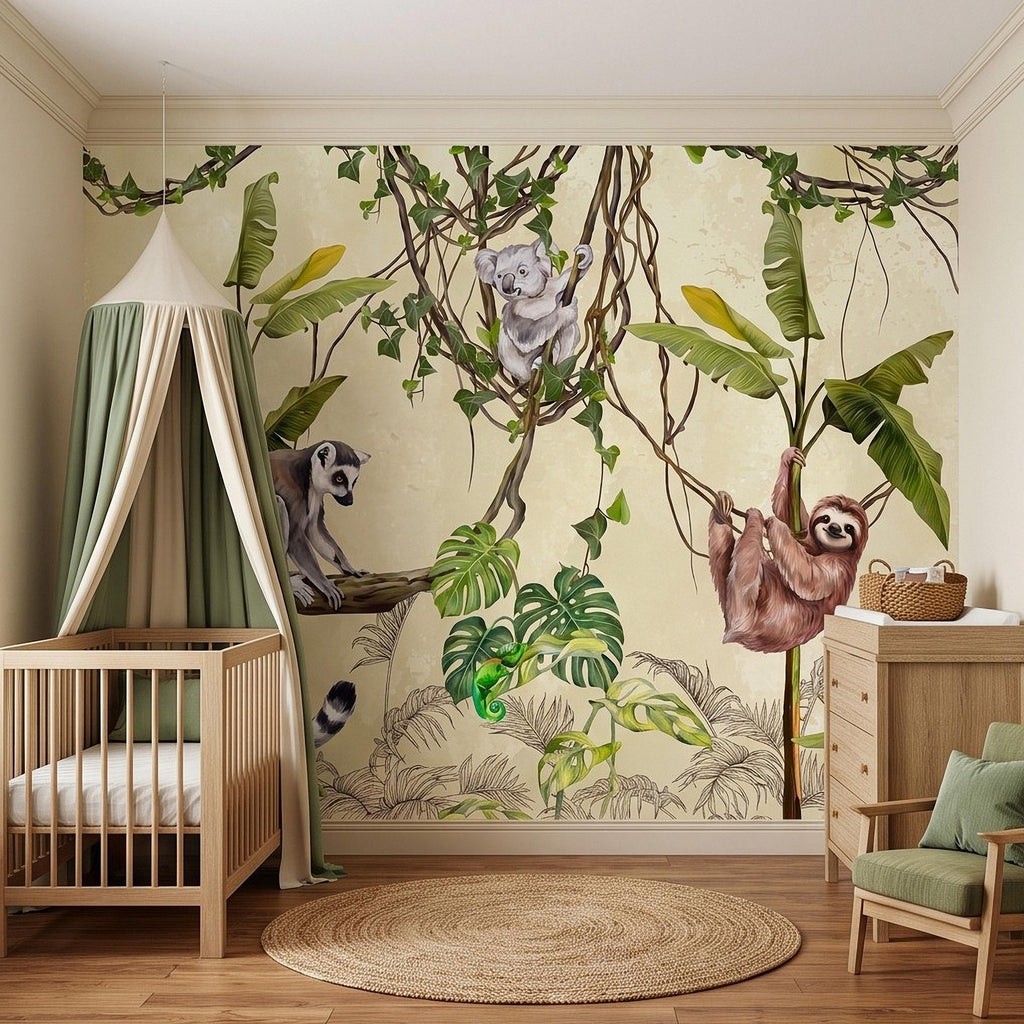 Tropical Jungle Animals Peel and Stick Wall Mural, Exotic Wildlife Hanging Vines Monstera Banana Leaves Botanical Kids Wallpaper