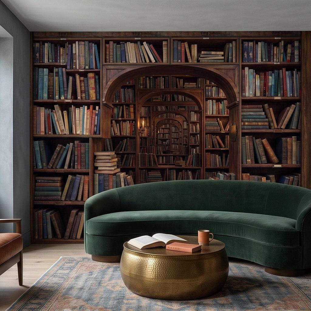 Vintage Library Bookshelf Peel and Stick Wall Mural, Classic Wooden Bookcase Secret Book Room Trompe L'oeil Wallpaper