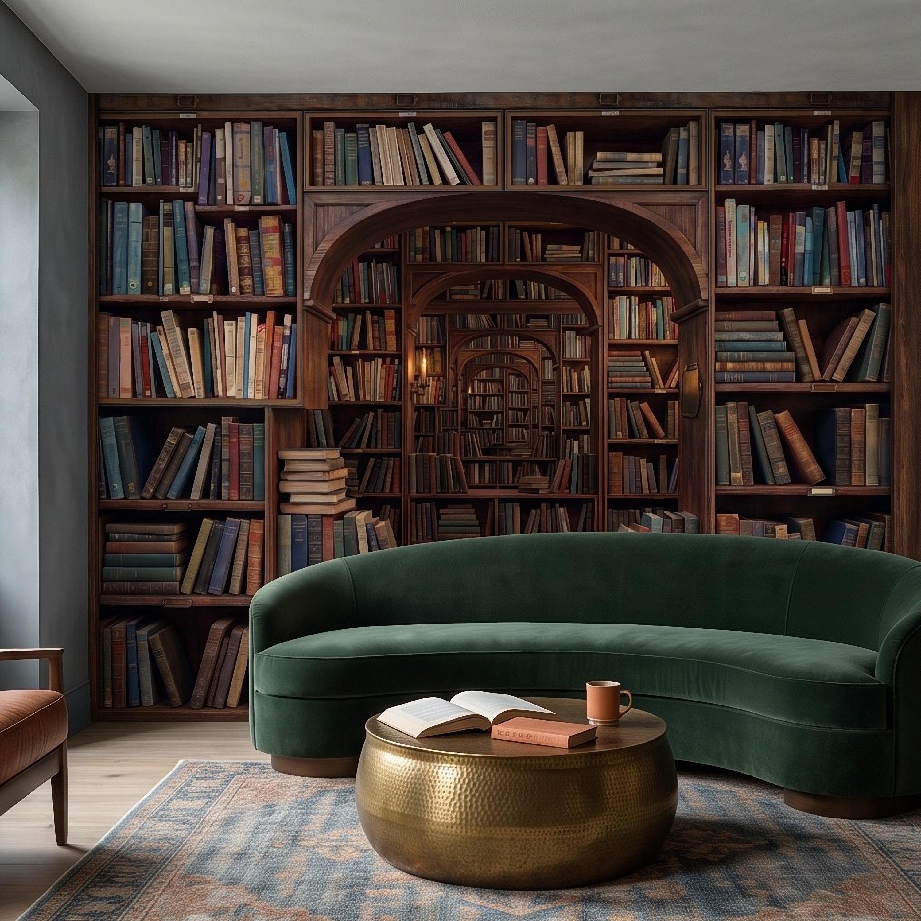Vintage Library Bookshelf Peel and Stick Wall Mural, Classic Wooden Bookcase Secret Book Room Trompe L'oeil Wallpaper