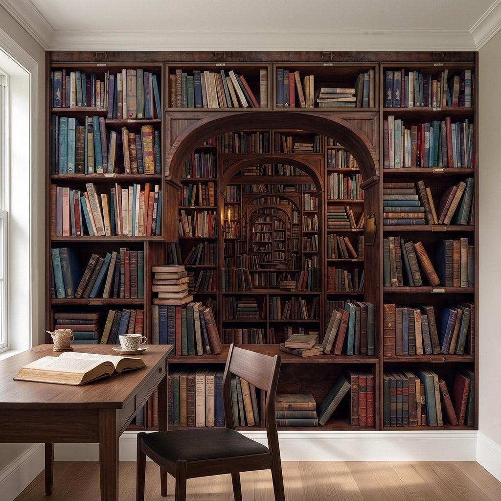 Vintage Library Bookshelf Peel and Stick Wall Mural, Classic Wooden Bookcase Secret Book Room Trompe L'oeil Wallpaper