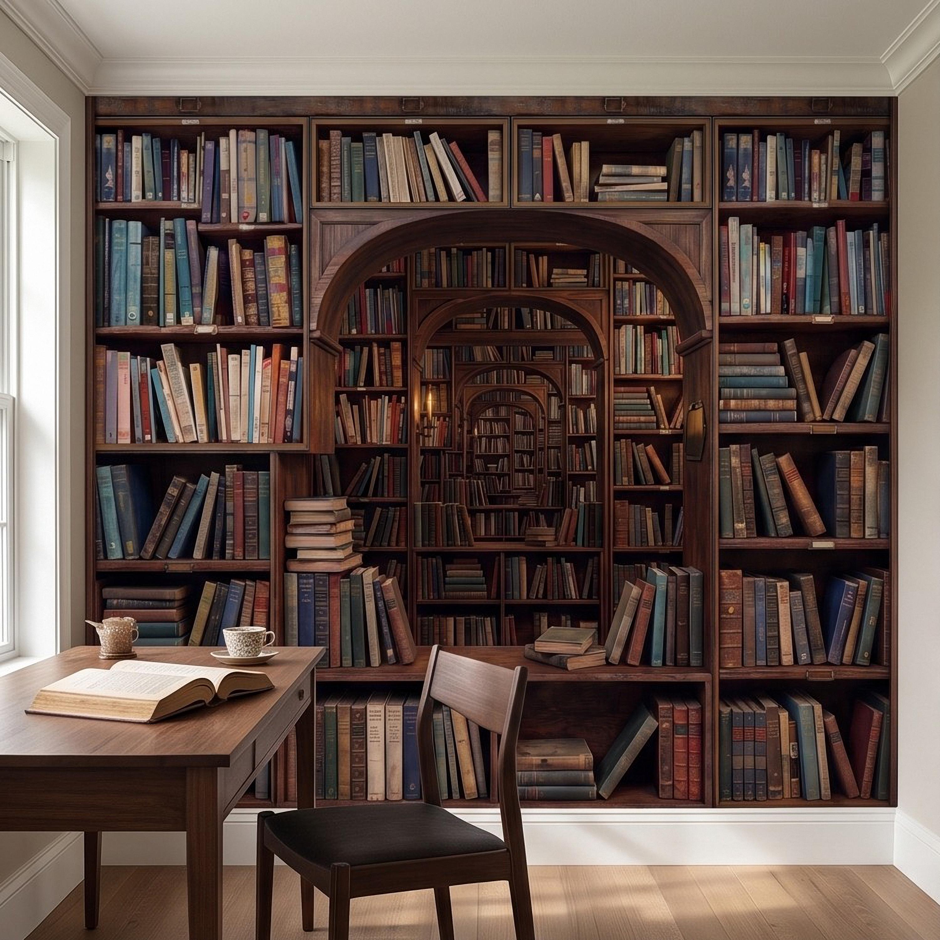 Vintage Library Bookshelf Peel and Stick Wall Mural, Classic Wooden Bookcase Secret Book Room Trompe L'oeil Wallpaper