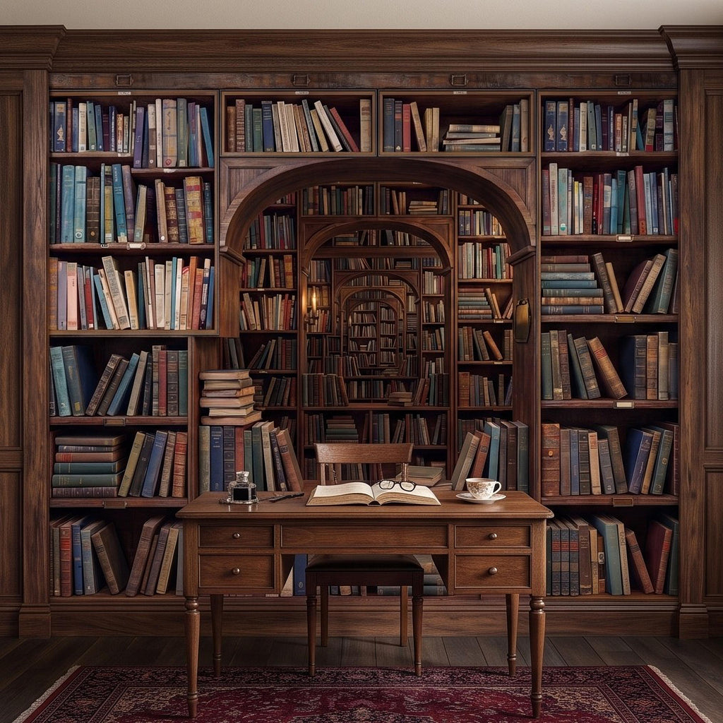 Vintage Library Bookshelf Peel and Stick Wall Mural, Classic Wooden Bookcase Secret Book Room Trompe L'oeil Wallpaper