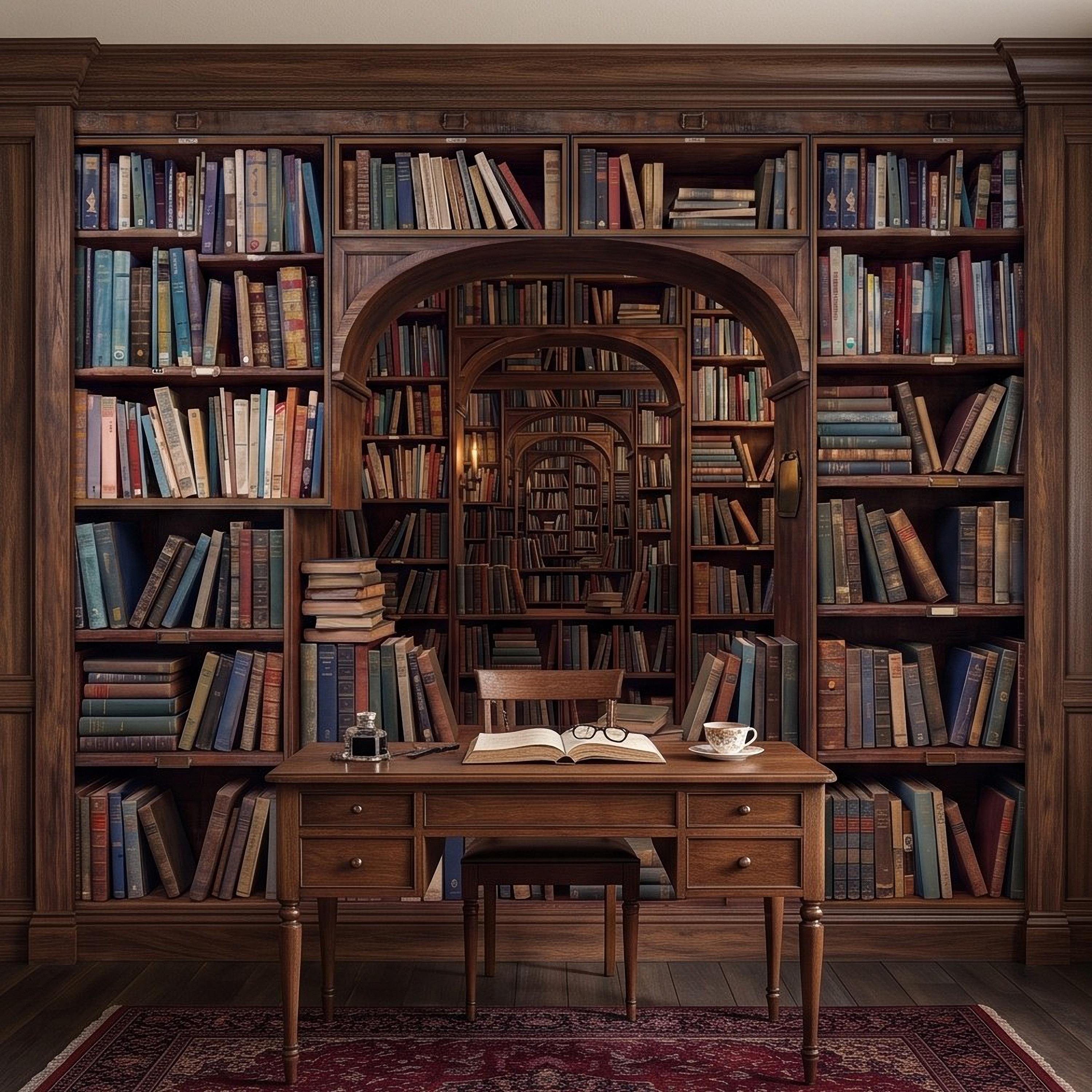 Vintage Library Bookshelf Peel and Stick Wall Mural, Classic Wooden Bookcase Secret Book Room Trompe L'oeil Wallpaper