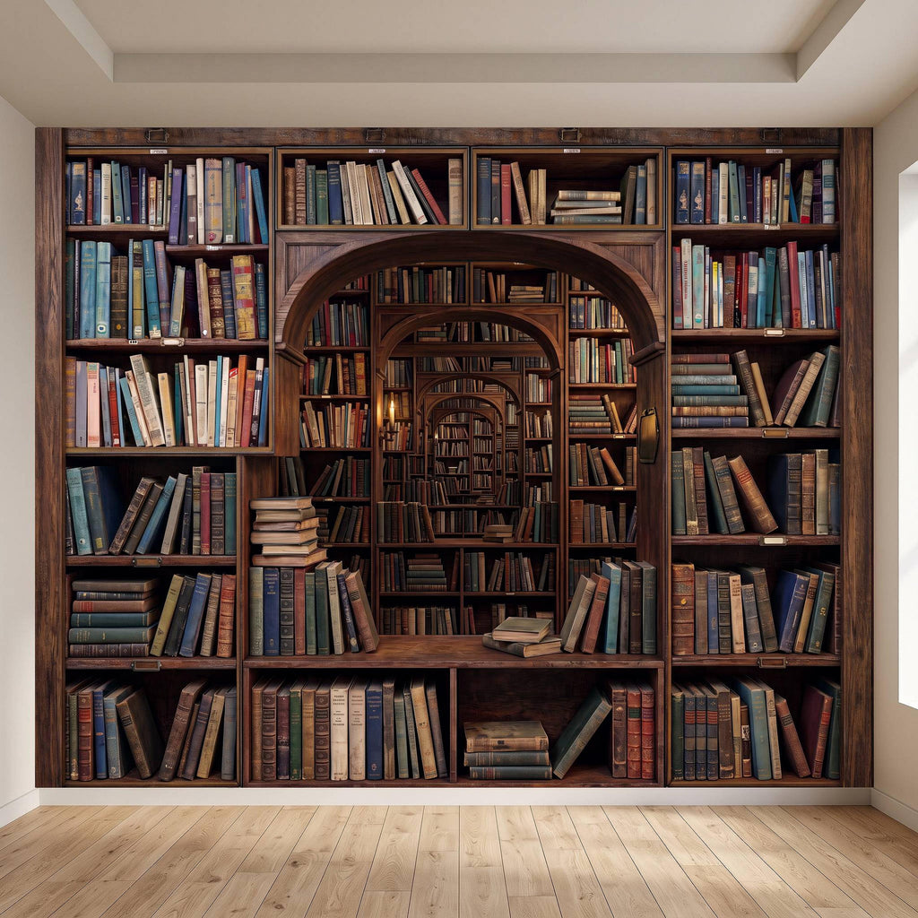 Vintage Library Bookshelf Peel and Stick Wall Mural, Classic Wooden Bookcase Secret Book Room Trompe L'oeil Wallpaper