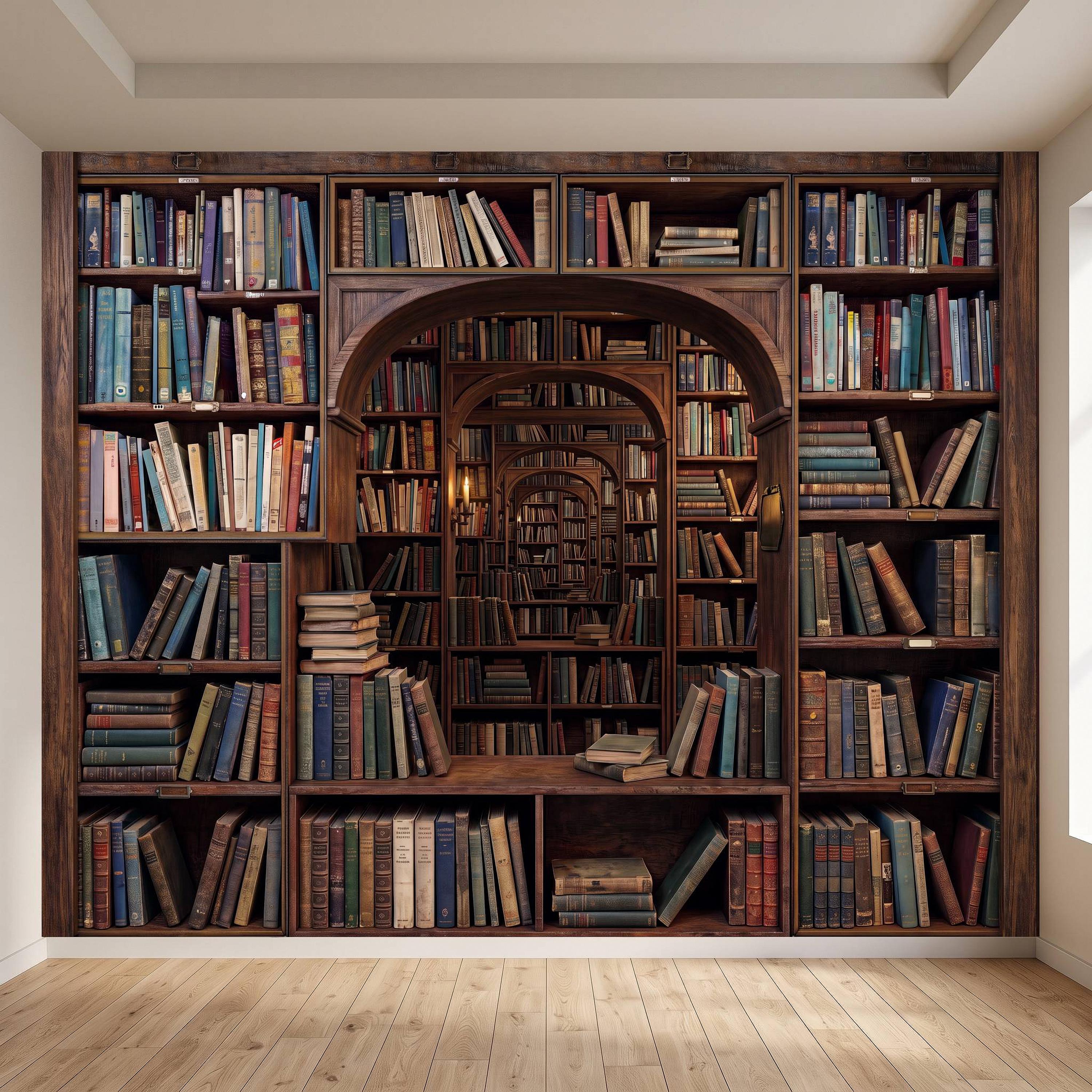 Vintage Library Bookshelf Peel and Stick Wall Mural, Classic Wooden Bookcase Secret Book Room Trompe L'oeil Wallpaper
