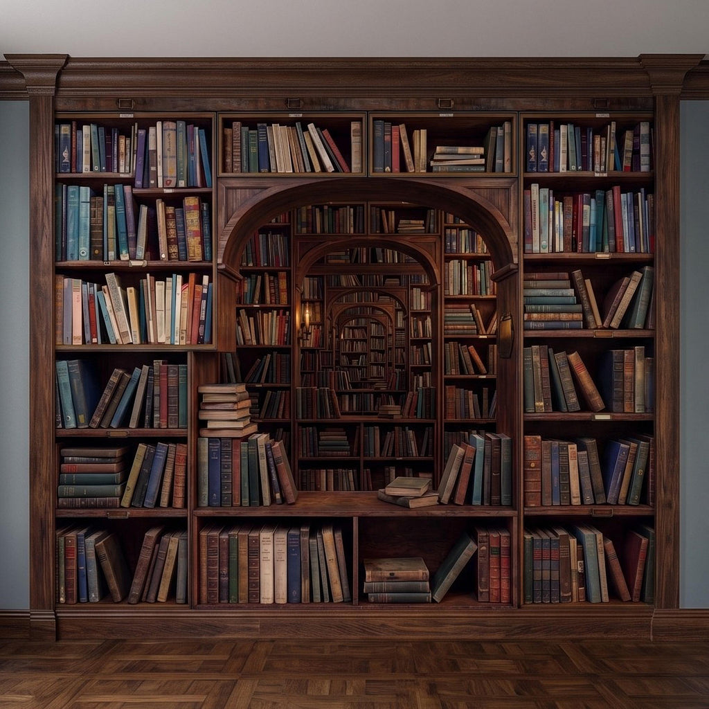 Vintage Library Bookshelf Peel and Stick Wall Mural, Classic Wooden Bookcase Secret Book Room Trompe L'oeil Wallpaper