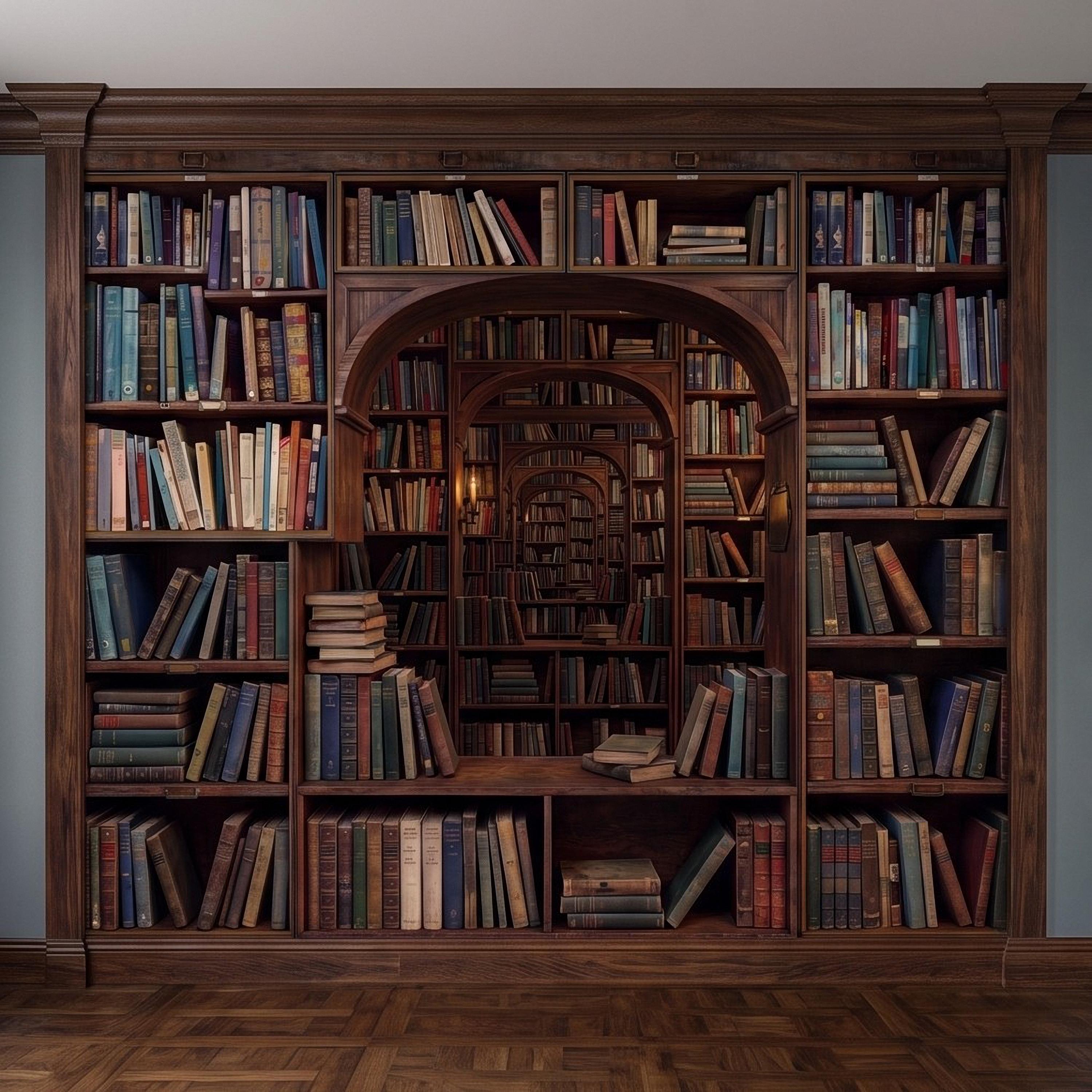 Vintage Library Bookshelf Peel and Stick Wall Mural, Classic Wooden Bookcase Secret Book Room Trompe L'oeil Wallpaper