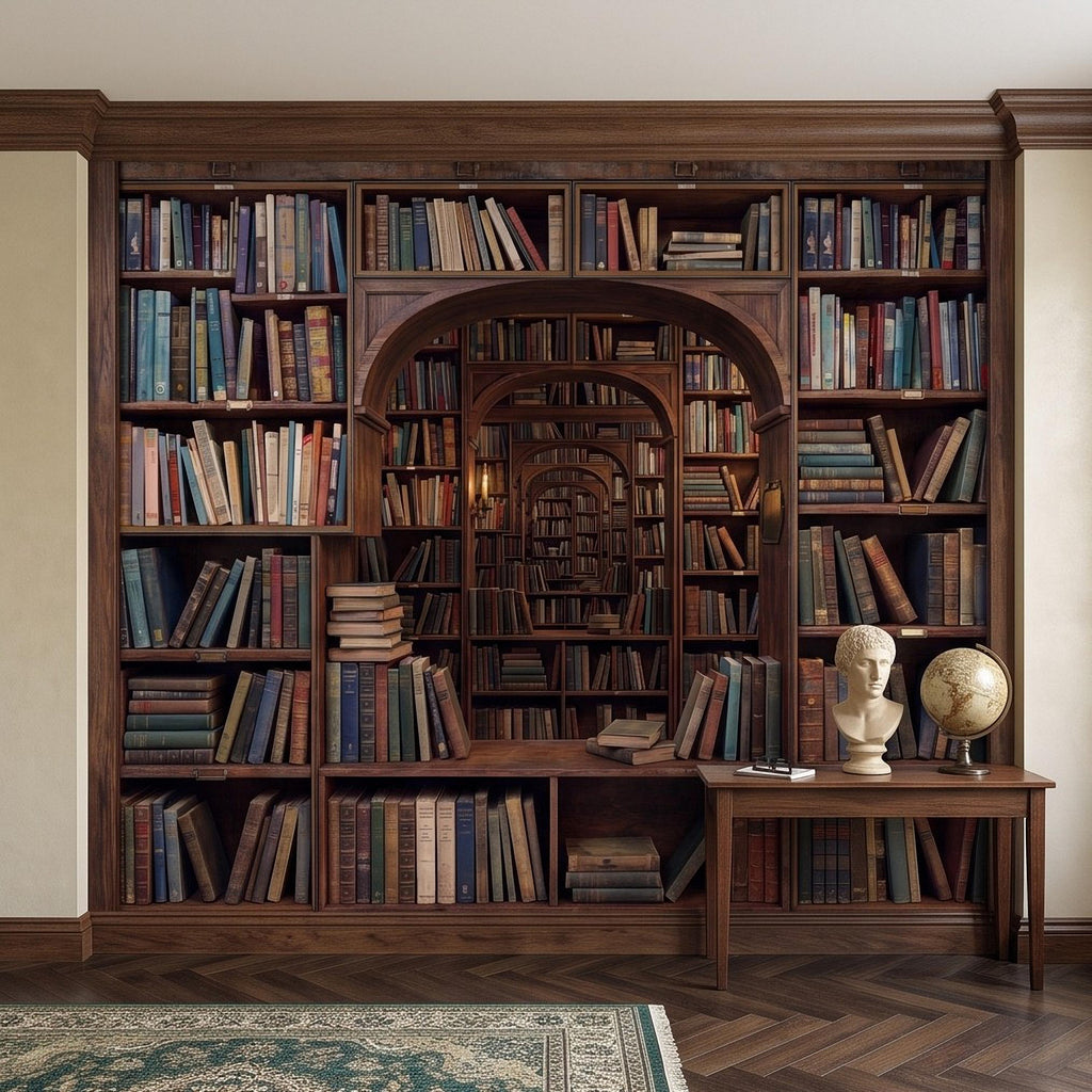 Vintage Library Bookshelf Peel and Stick Wall Mural, Classic Wooden Bookcase Secret Book Room Trompe L'oeil Wallpaper