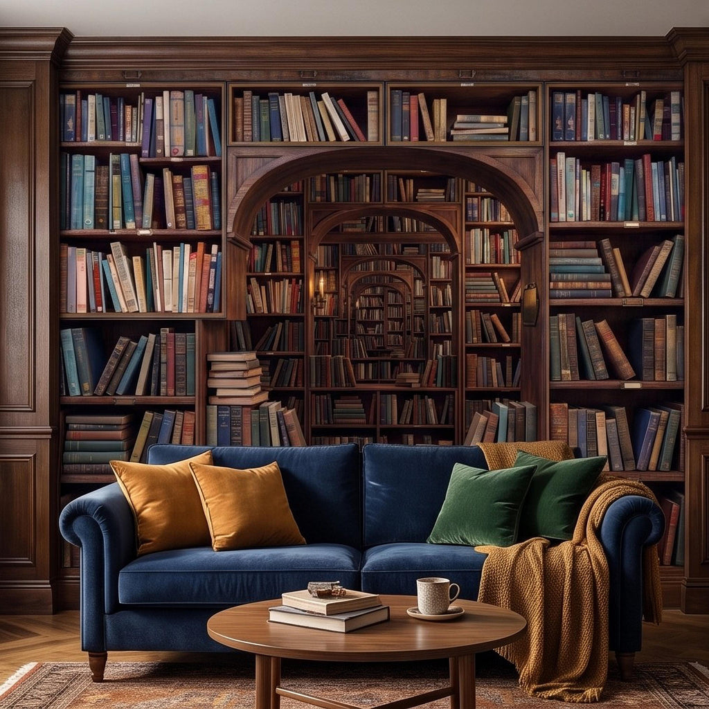 Vintage Library Bookshelf Peel and Stick Wall Mural, Classic Wooden Bookcase Secret Book Room Trompe L'oeil Wallpaper