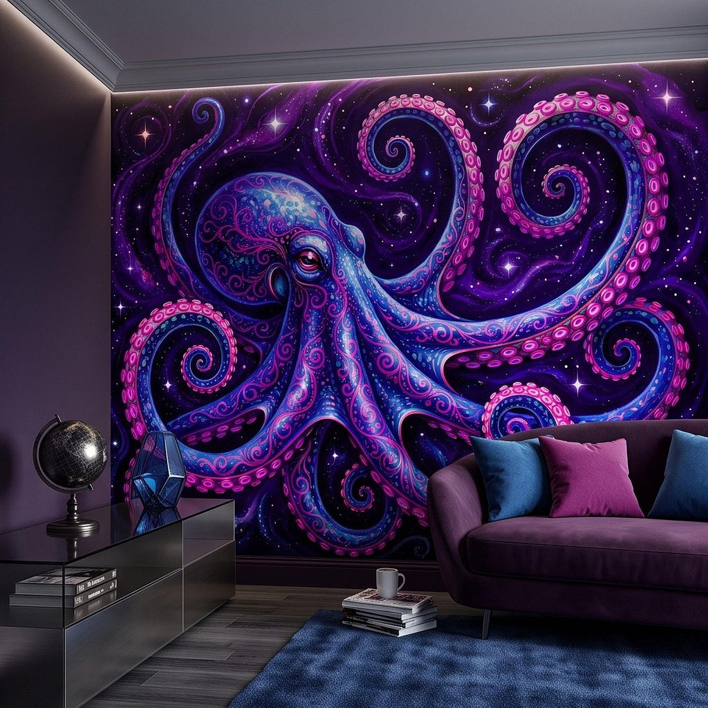 Neon Octopus Peel and Stick Wall Mural, Electric Blue Magenta Tentacles Purple Cosmic Ocean Psychedelic Celestial Fantasy Wallpaper