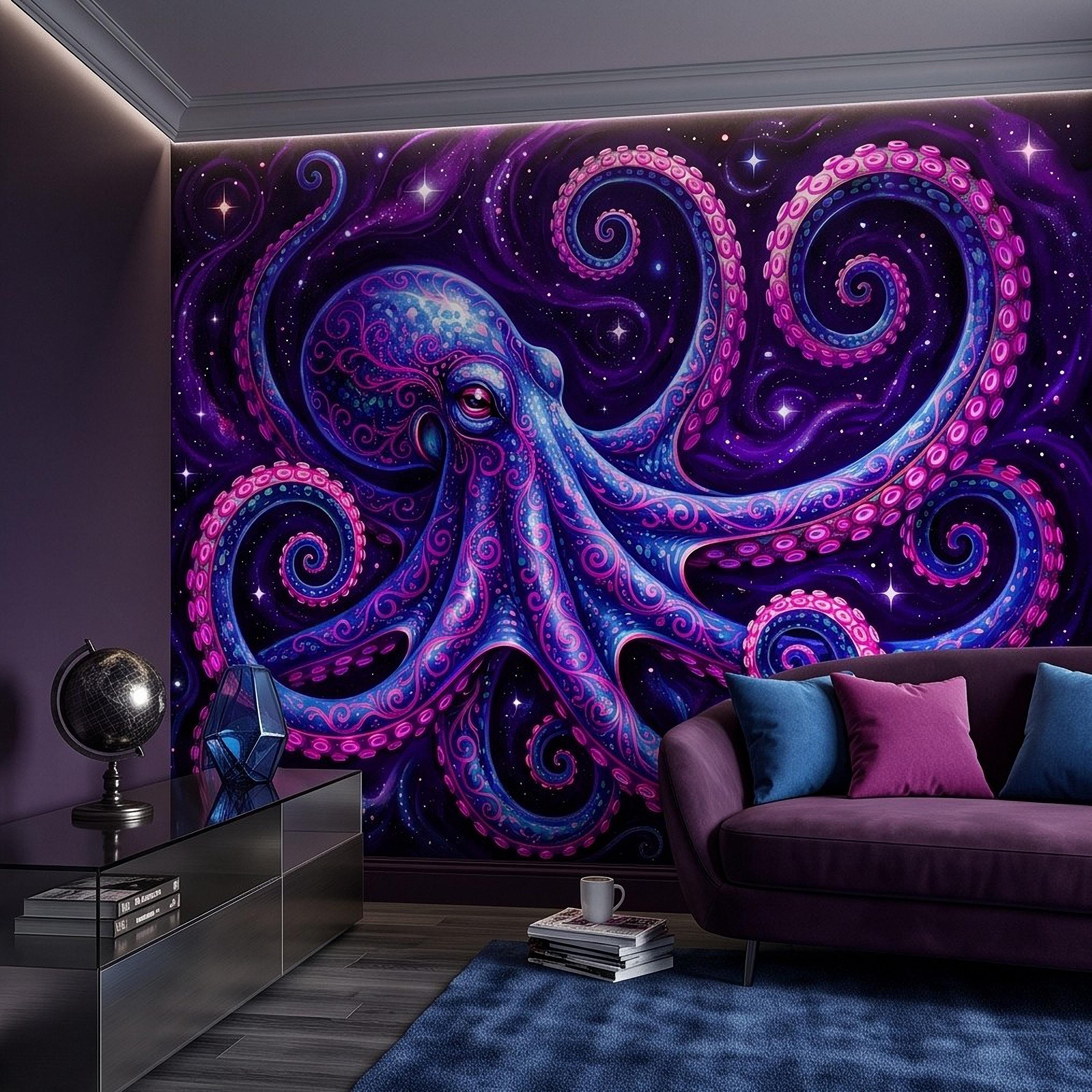 Neon Octopus Peel and Stick Wall Mural, Electric Blue Magenta Tentacles Purple Cosmic Ocean Psychedelic Celestial Fantasy Wallpaper