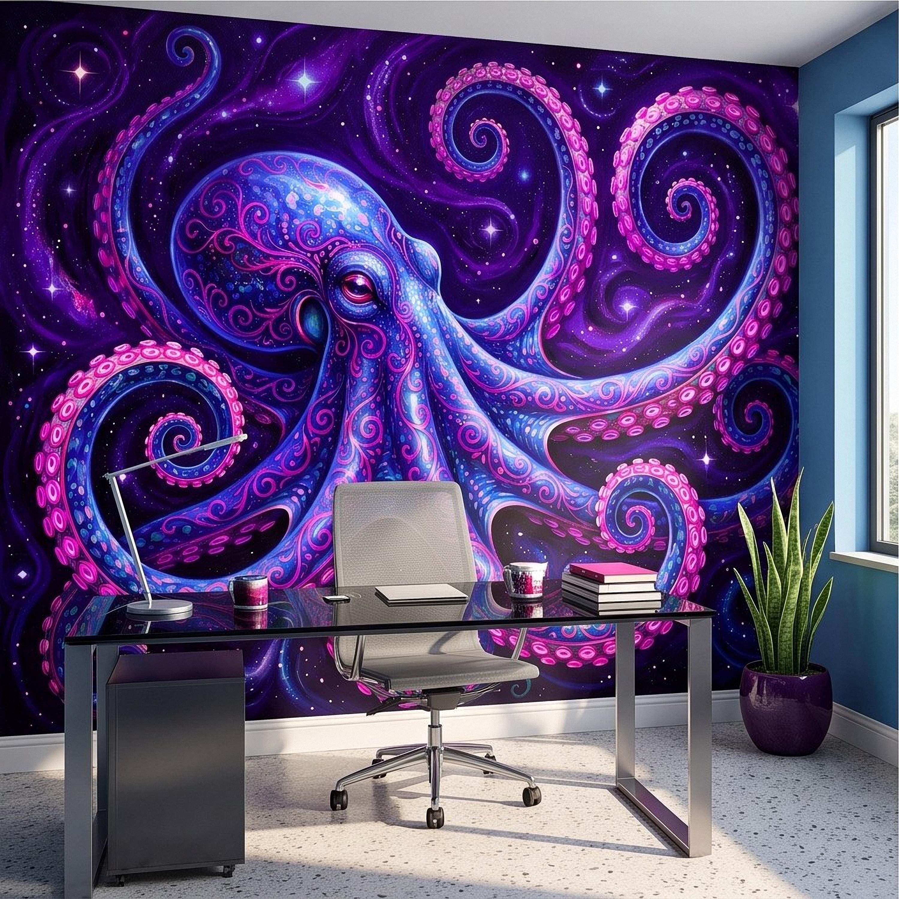 Neon Octopus Peel and Stick Wall Mural, Electric Blue Magenta Tentacles Purple Cosmic Ocean Psychedelic Celestial Fantasy Wallpaper