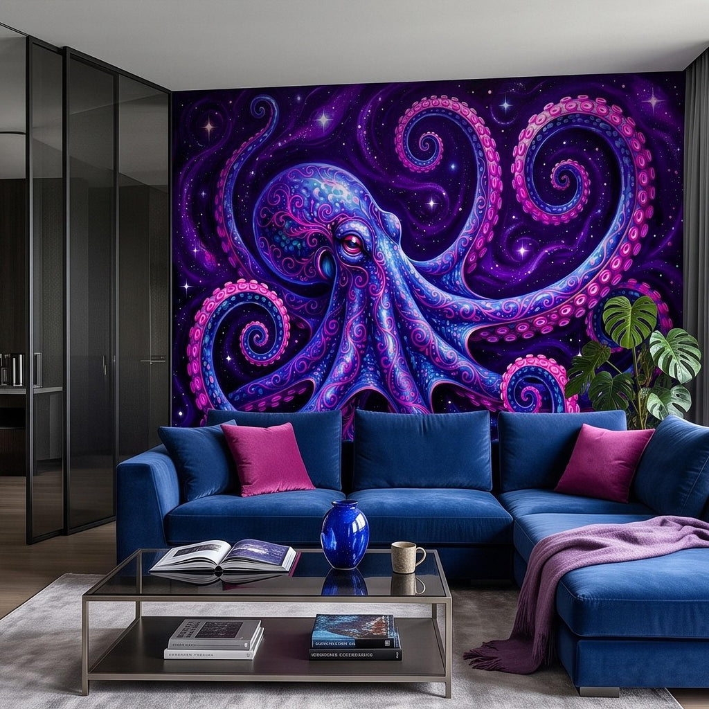 Neon Octopus Peel and Stick Wall Mural, Electric Blue Magenta Tentacles Purple Cosmic Ocean Psychedelic Celestial Fantasy Wallpaper