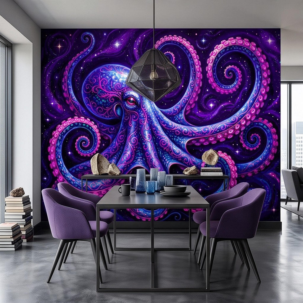 Neon Octopus Peel and Stick Wall Mural, Electric Blue Magenta Tentacles Purple Cosmic Ocean Psychedelic Celestial Fantasy Wallpaper