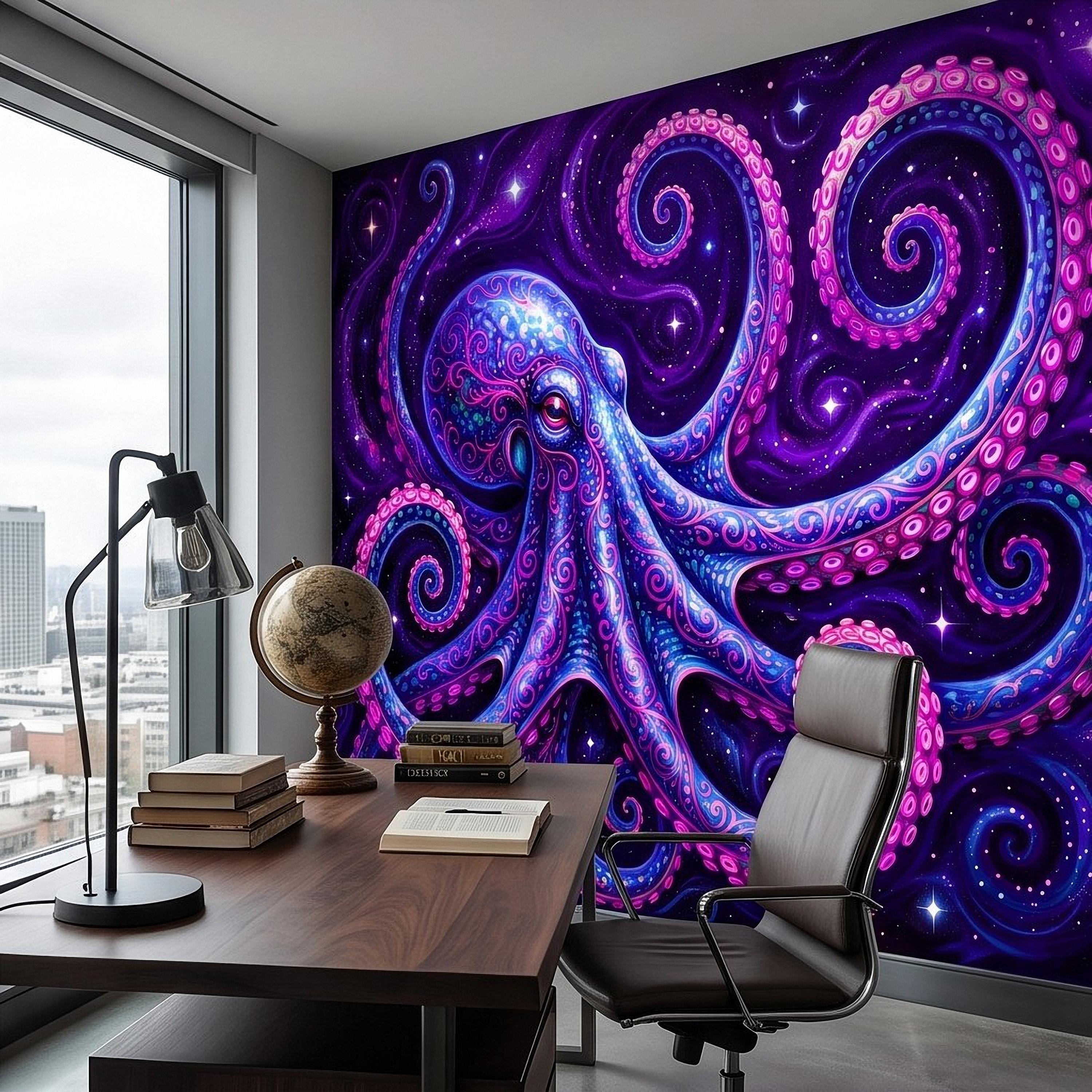 Neon Octopus Peel and Stick Wall Mural, Electric Blue Magenta Tentacles Purple Cosmic Ocean Psychedelic Celestial Fantasy Wallpaper