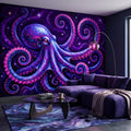 Neon Octopus Peel and Stick Wall Mural, Electric Blue Magenta Tentacles Purple Cosmic Ocean Psychedelic Celestial Fantasy Wallpaper