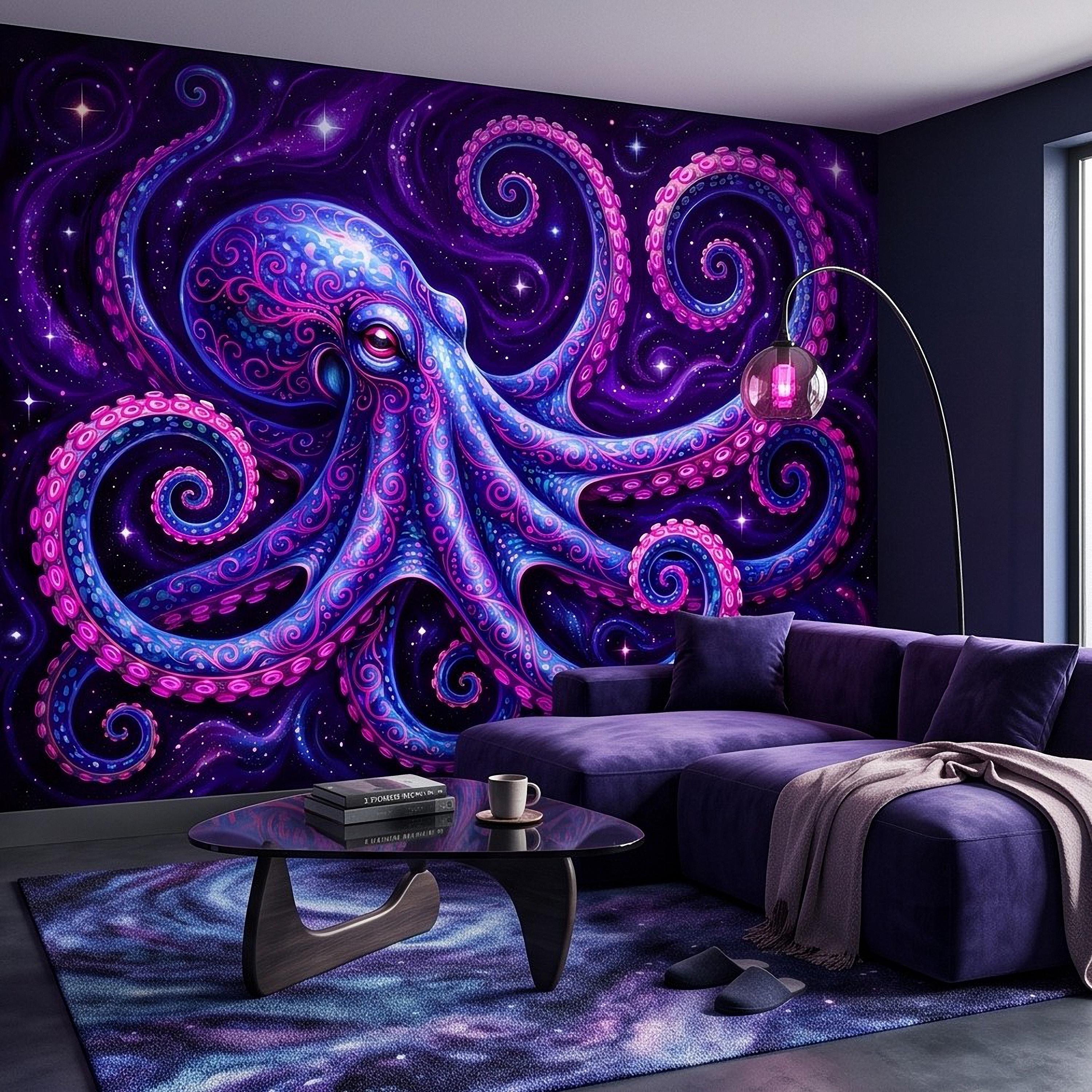 Neon Octopus Peel and Stick Wall Mural, Electric Blue Magenta Tentacles Purple Cosmic Ocean Psychedelic Celestial Fantasy Wallpaper
