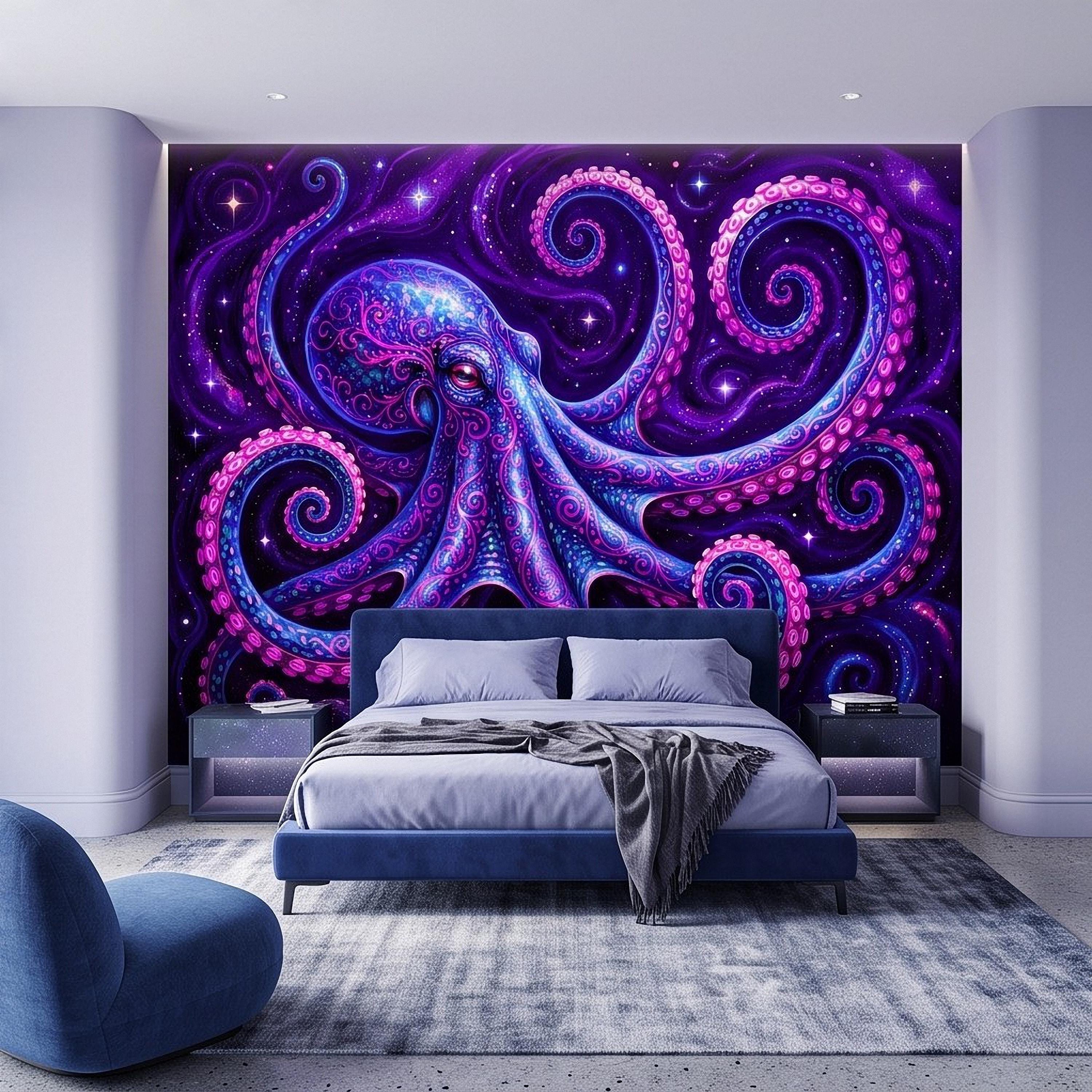 Neon Octopus Peel and Stick Wall Mural, Electric Blue Magenta Tentacles Purple Cosmic Ocean Psychedelic Celestial Fantasy Wallpaper