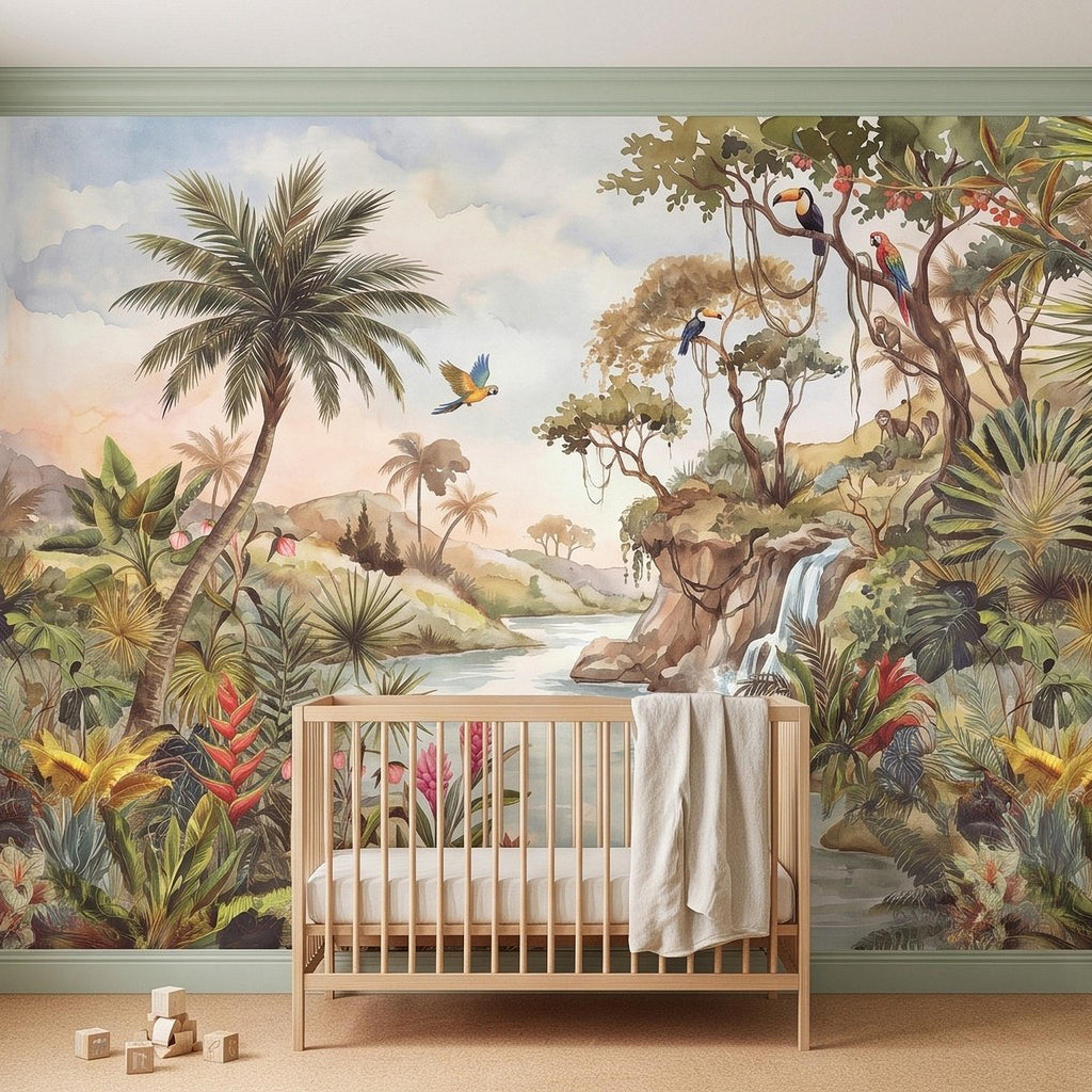 Tropical Jungle Peel and Stick Wall Mural, Exotic Birds Wildlife Lush Botanical River Waterfall Watercolor Rainforest Wallpaper