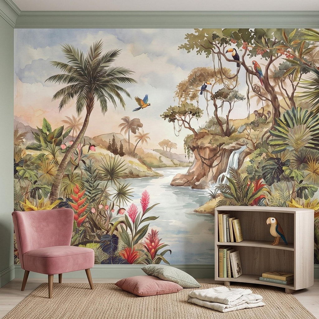 Tropical Jungle Peel and Stick Wall Mural, Exotic Birds Wildlife Lush Botanical River Waterfall Watercolor Rainforest Wallpaper