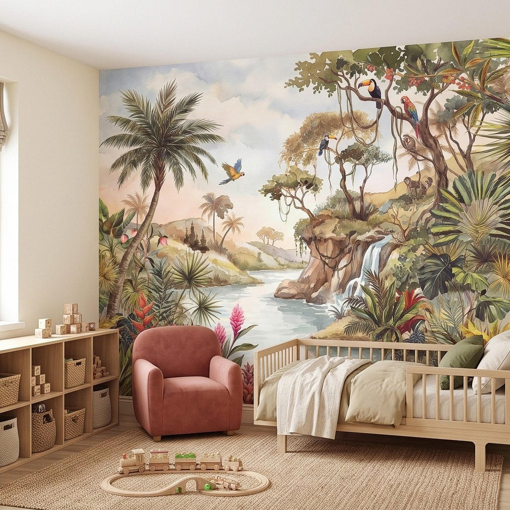 Tropical Jungle Peel and Stick Wall Mural, Exotic Birds Wildlife Lush Botanical River Waterfall Watercolor Rainforest Wallpaper