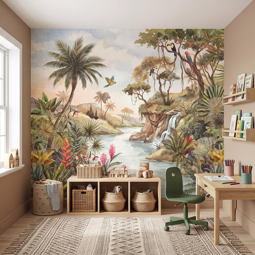 Tropical Jungle Peel and Stick Wall Mural, Exotic Birds Wildlife Lush Botanical River Waterfall Watercolor Rainforest Wallpaper