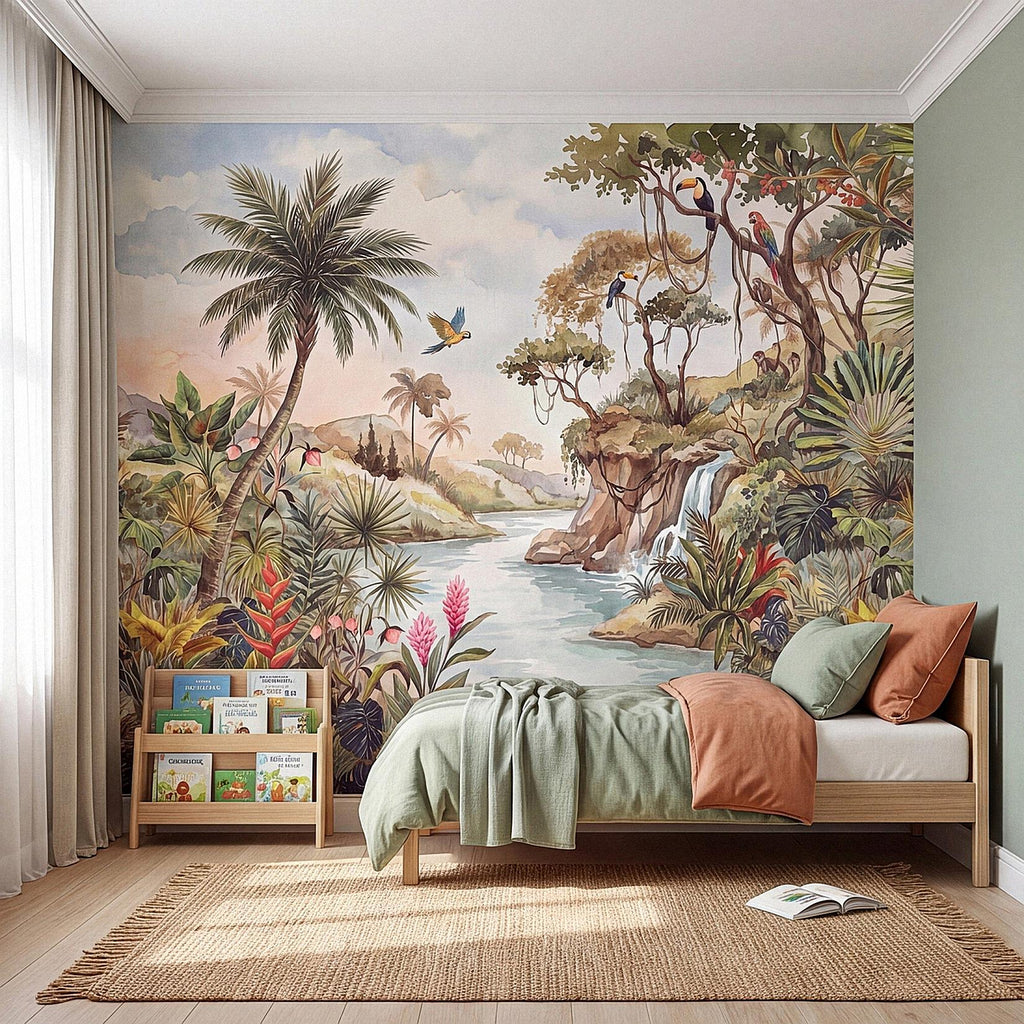 Tropical Jungle Peel and Stick Wall Mural, Exotic Birds Wildlife Lush Botanical River Waterfall Watercolor Rainforest Wallpaper