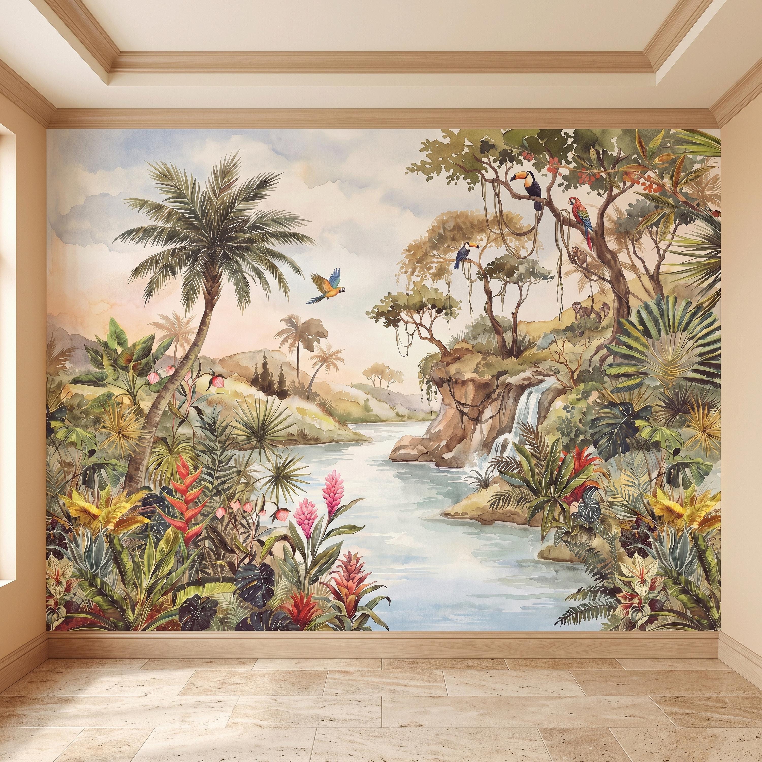 Tropical Jungle Peel and Stick Wall Mural, Exotic Birds Wildlife Lush Botanical River Waterfall Watercolor Rainforest Wallpaper