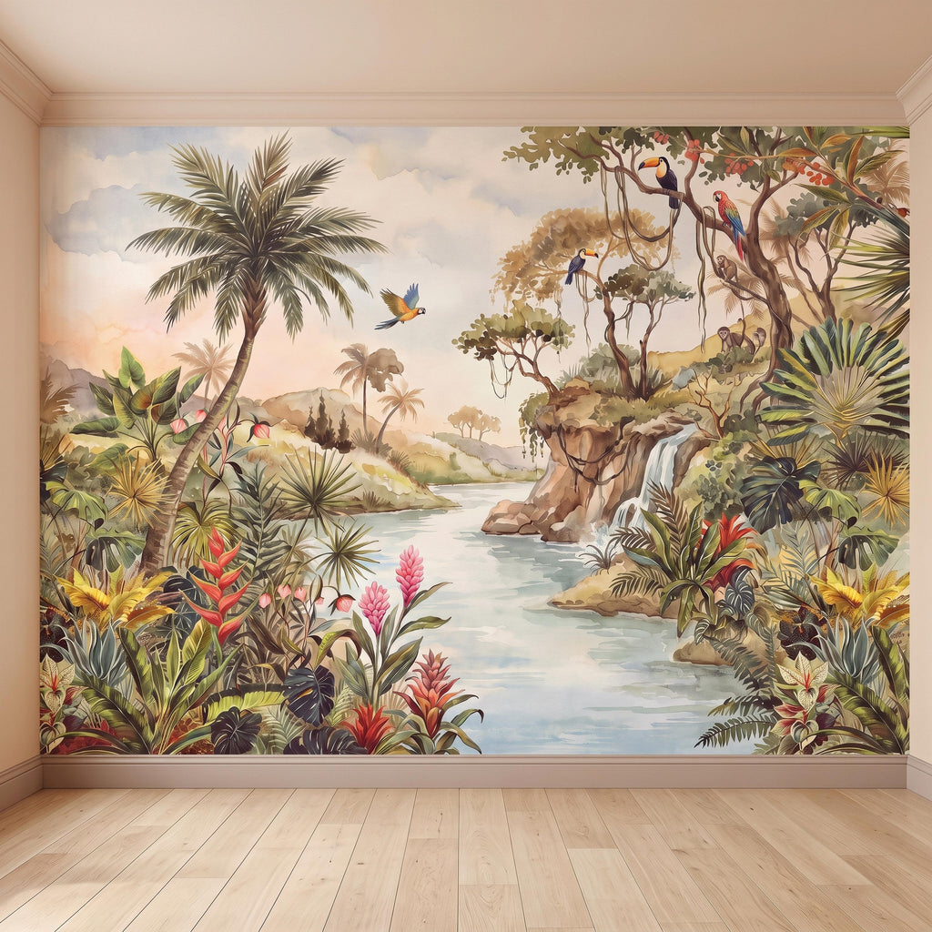 Tropical Jungle Peel and Stick Wall Mural, Exotic Birds Wildlife Lush Botanical River Waterfall Watercolor Rainforest Wallpaper