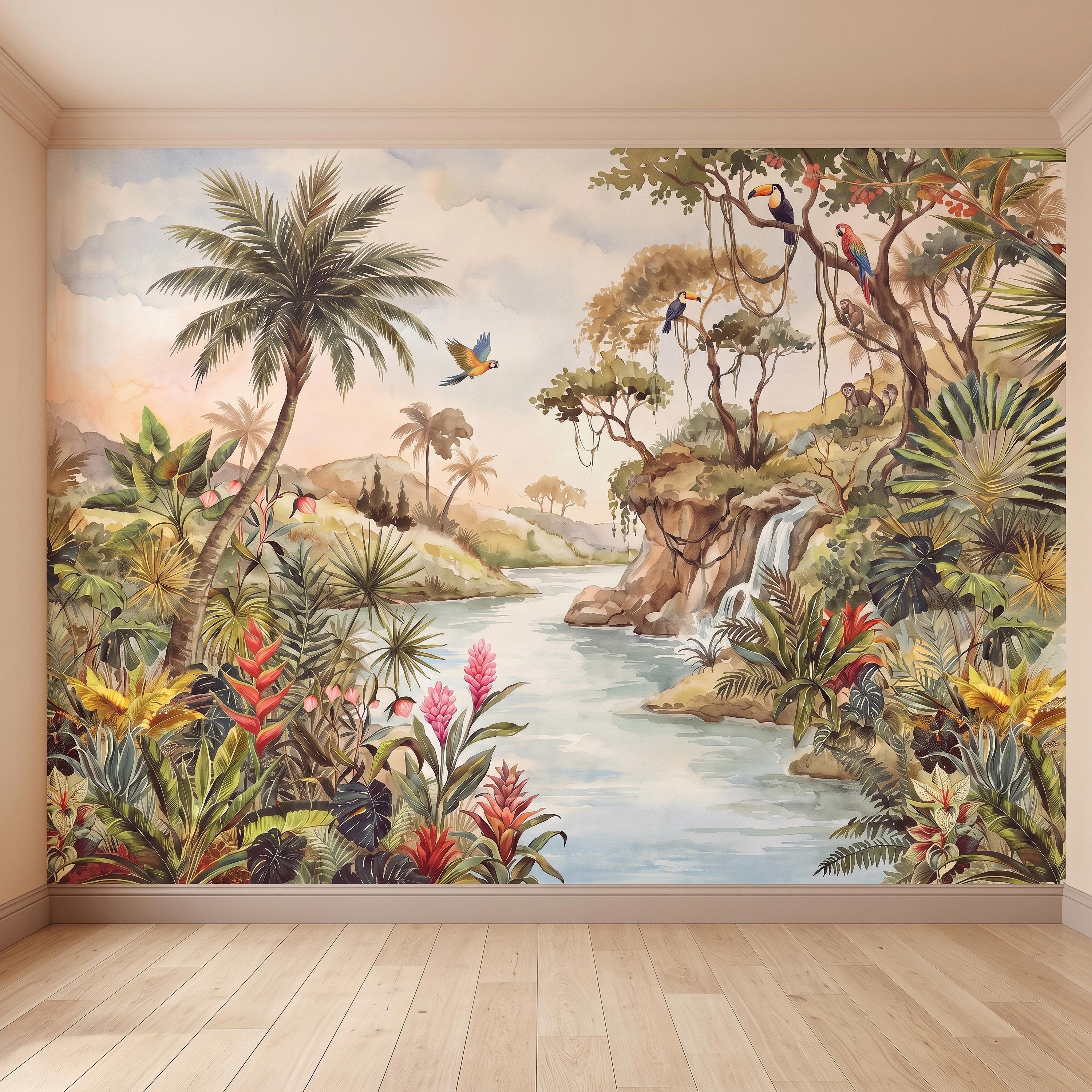 Tropical Jungle Peel and Stick Wall Mural, Exotic Birds Wildlife Lush Botanical River Waterfall Watercolor Rainforest Wallpaper