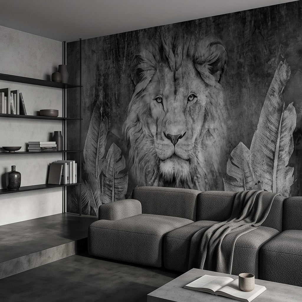 Majestic Lion Peel and Stick Wall Mural, Black and White Wildlife Portrait Dark Concrete Texture Tropical Botanical Wallpaper