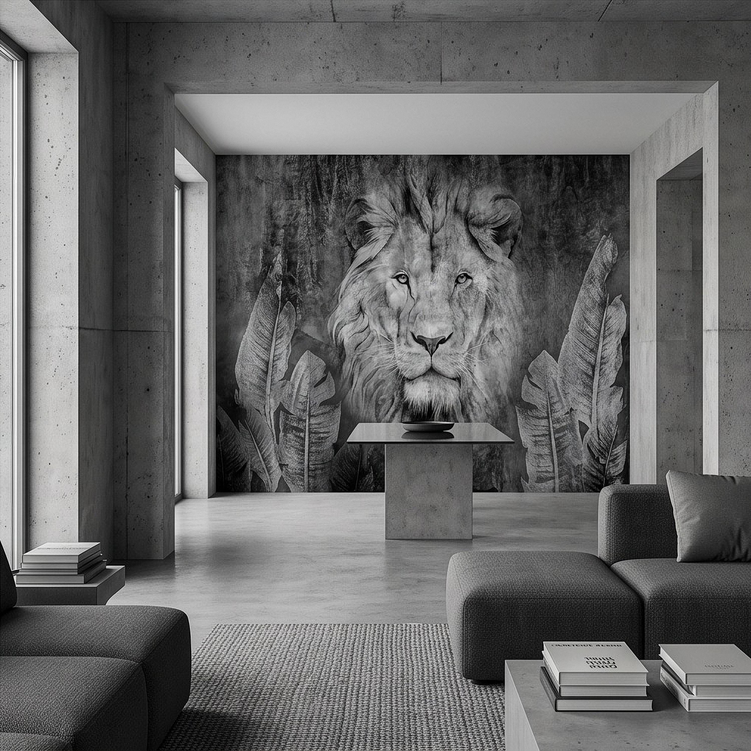 Majestic Lion Peel and Stick Wall Mural, Black and White Wildlife Portrait Dark Concrete Texture Tropical Botanical Wallpaper