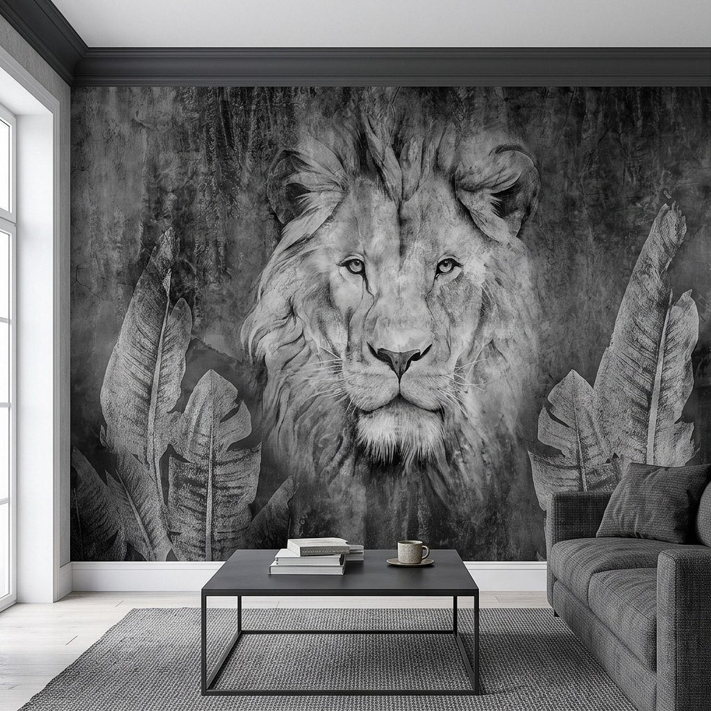 Majestic Lion Peel and Stick Wall Mural, Black and White Wildlife Portrait Dark Concrete Texture Tropical Botanical Wallpaper
