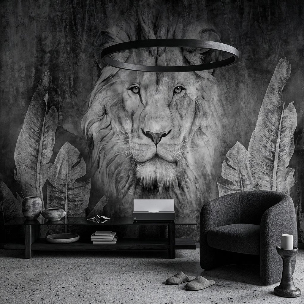 Majestic Lion Peel and Stick Wall Mural, Black and White Wildlife Portrait Dark Concrete Texture Tropical Botanical Wallpaper