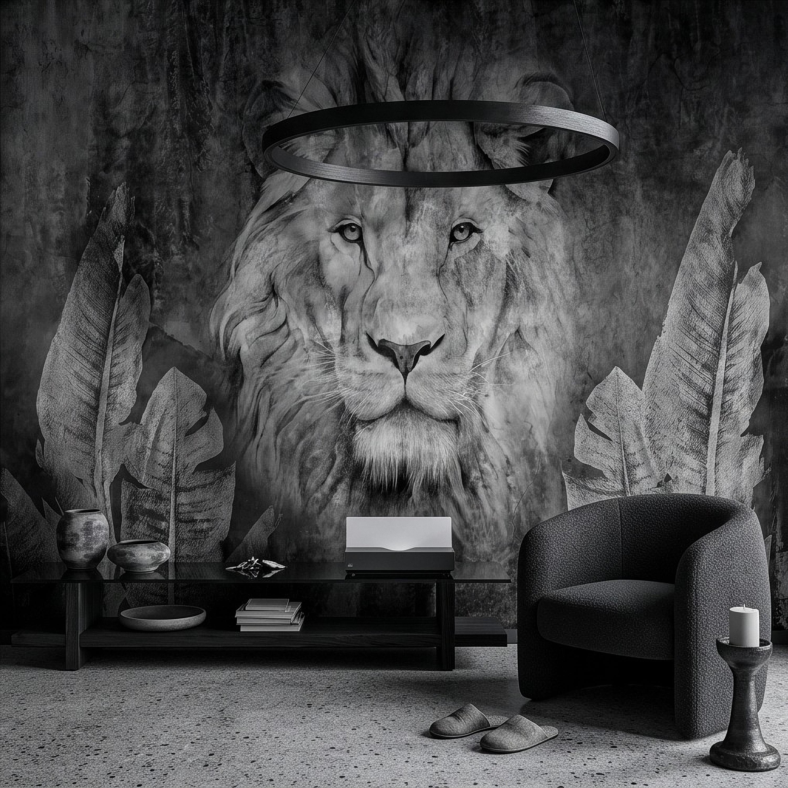 Majestic Lion Peel and Stick Wall Mural, Black and White Wildlife Portrait Dark Concrete Texture Tropical Botanical Wallpaper