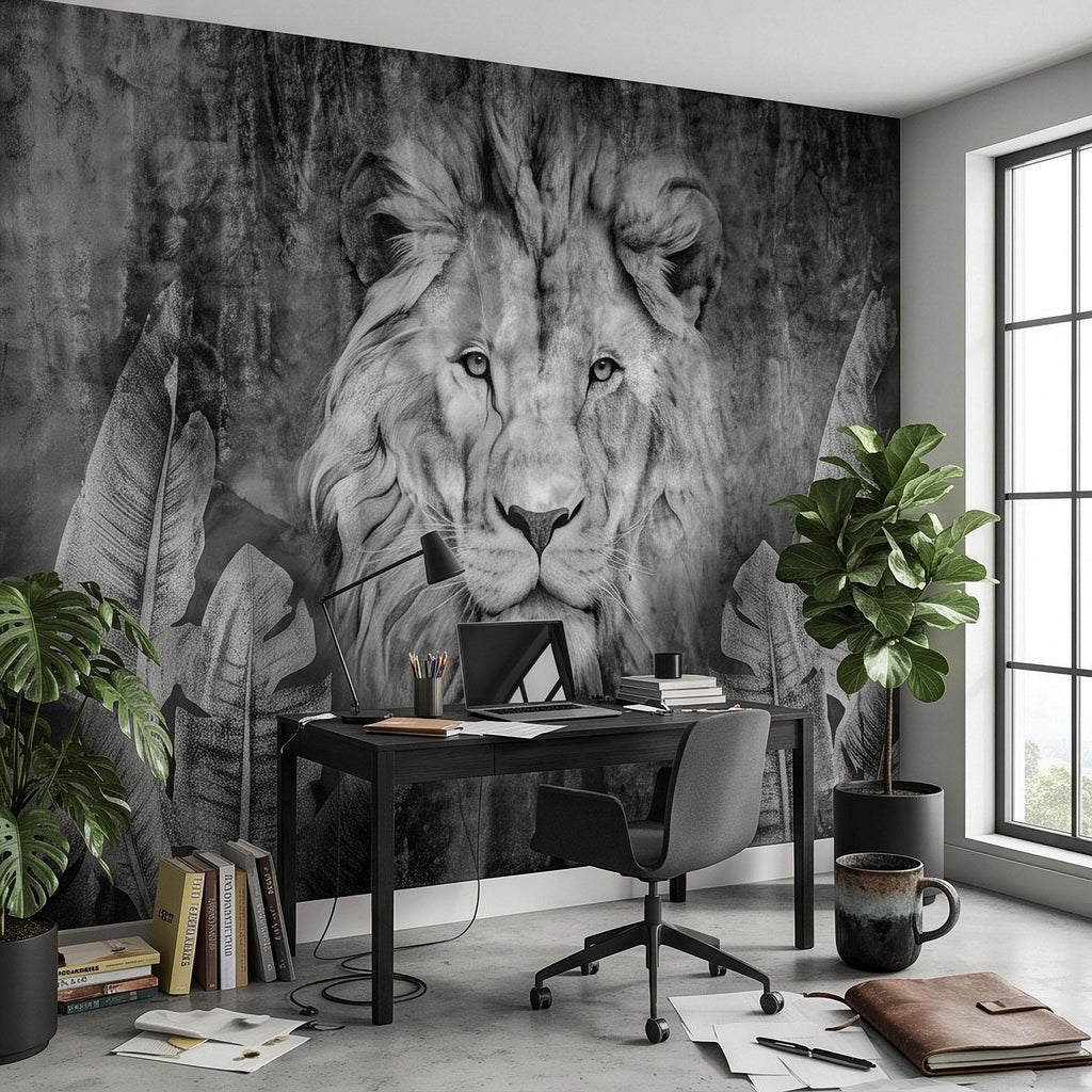 Majestic Lion Peel and Stick Wall Mural, Black and White Wildlife Portrait Dark Concrete Texture Tropical Botanical Wallpaper